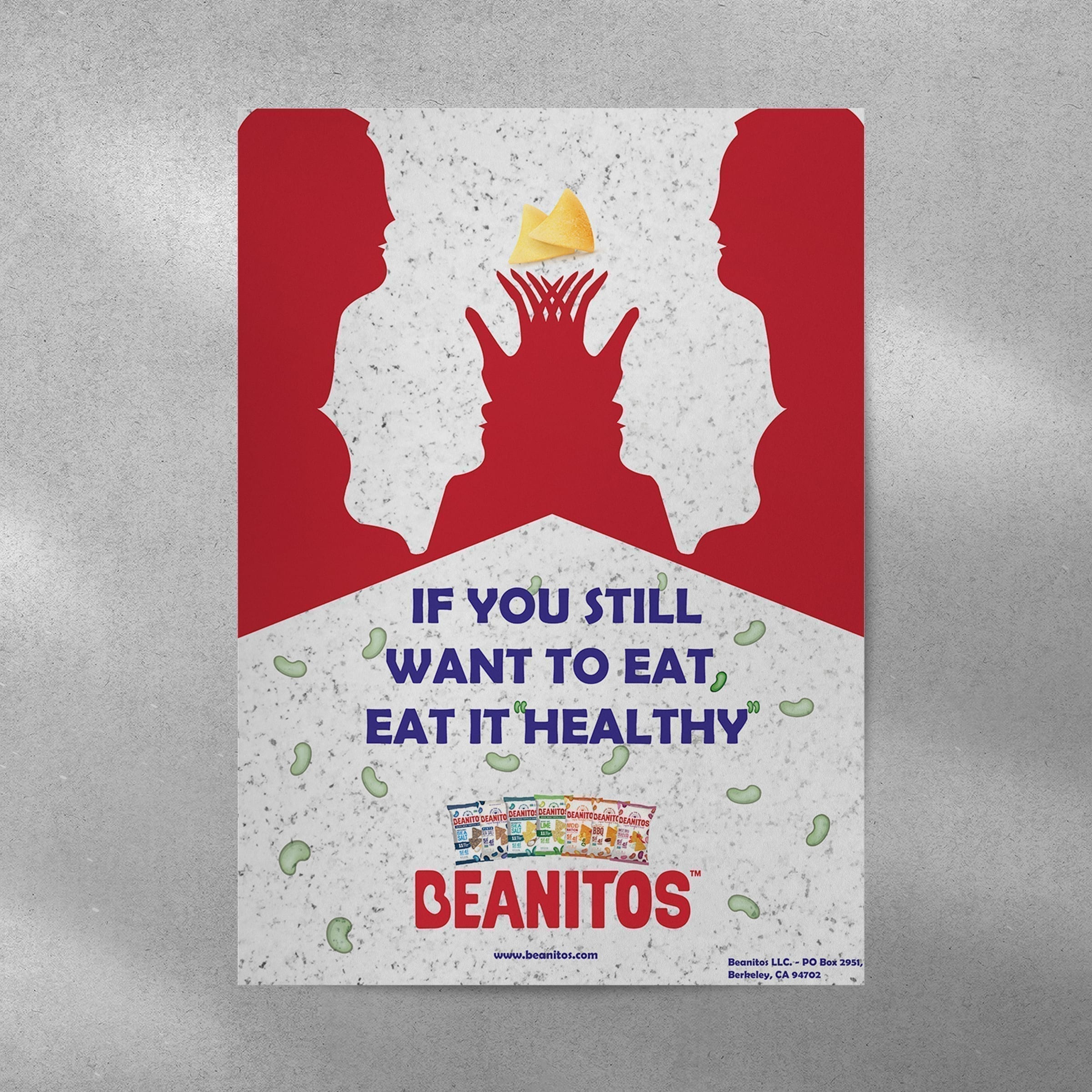 Beanitos poster, two mirrored silhouettes holding a bag of chips against a red-striped background.