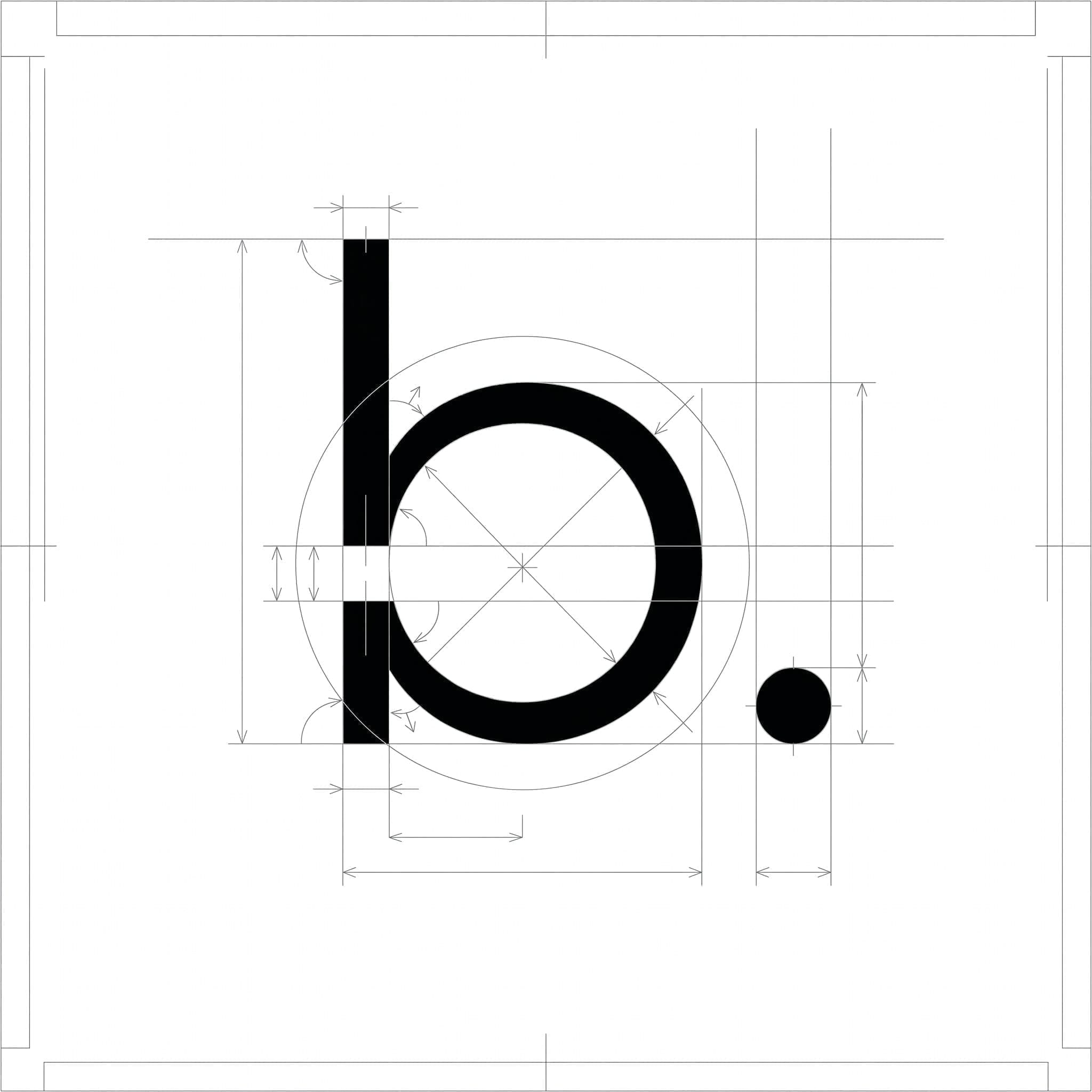 Geometric construction diagram of the Boşluk logo, showing the lowercase 'b' and circular dot built from intersecting guide circles and grid lines.