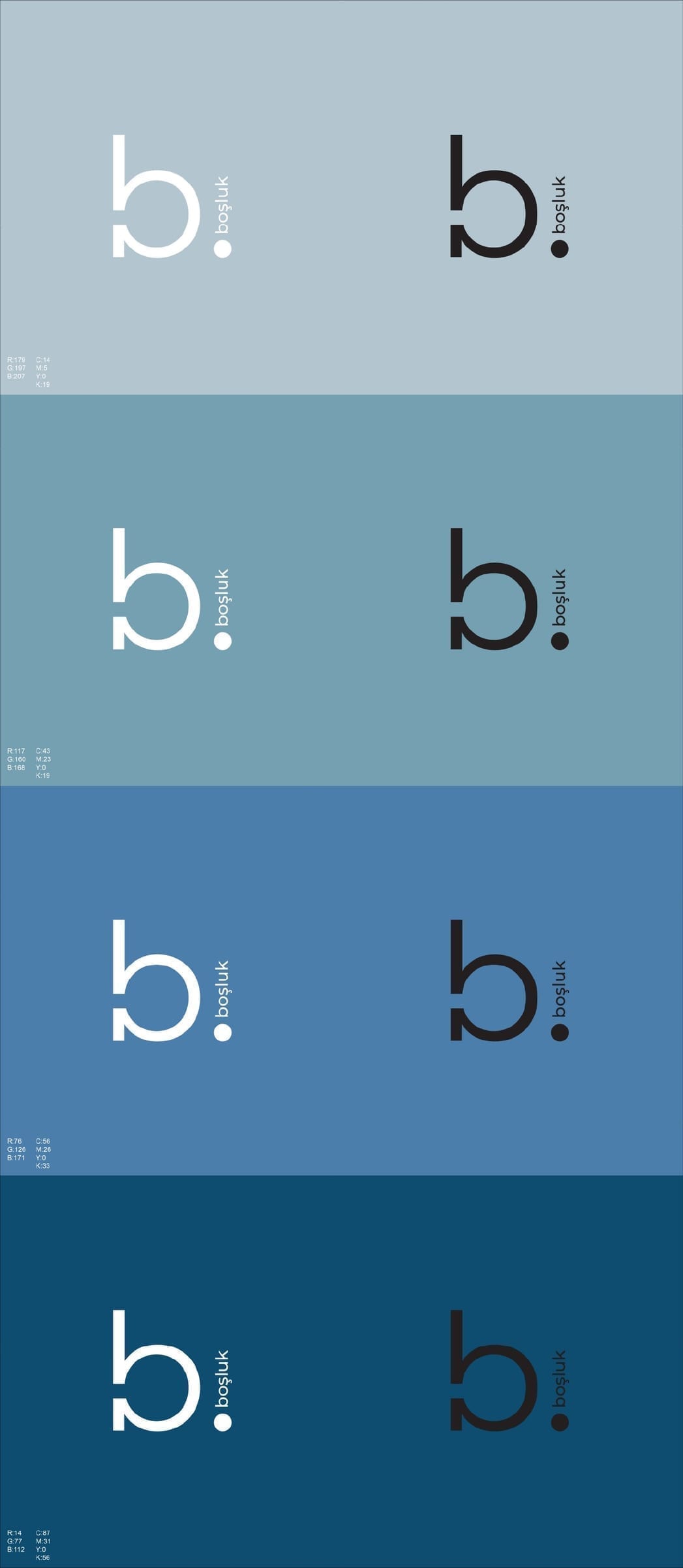 Boşluk colour palette as horizontal stacked bars: pale blue grey, mid slate blue, deeper slate blue, darkest navy, each labeled with role and hex value.