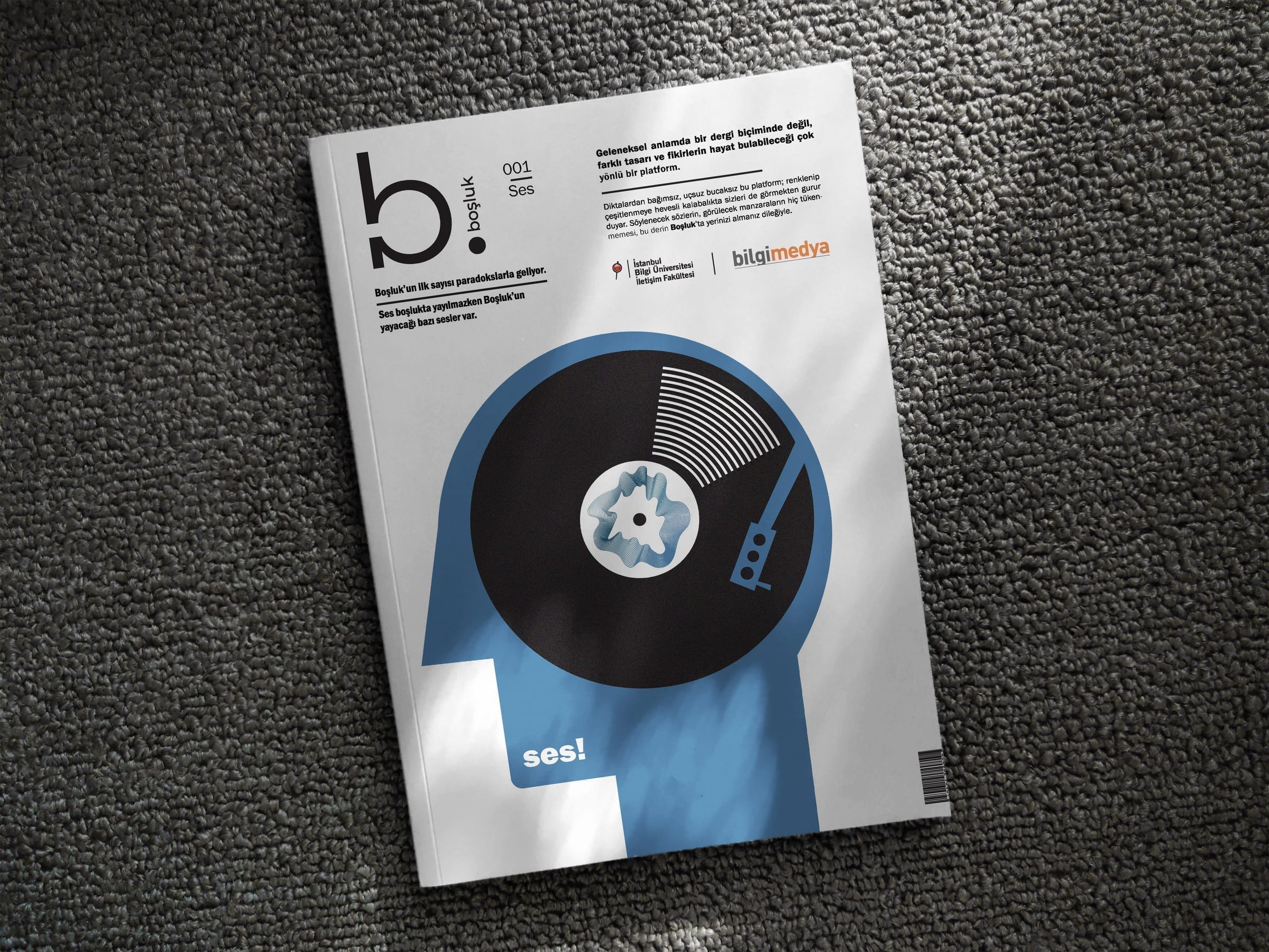 Boşluk magazine issue one cover, showing a human head silhouette with a vinyl record as the brain, headline 'ses!' beneath.