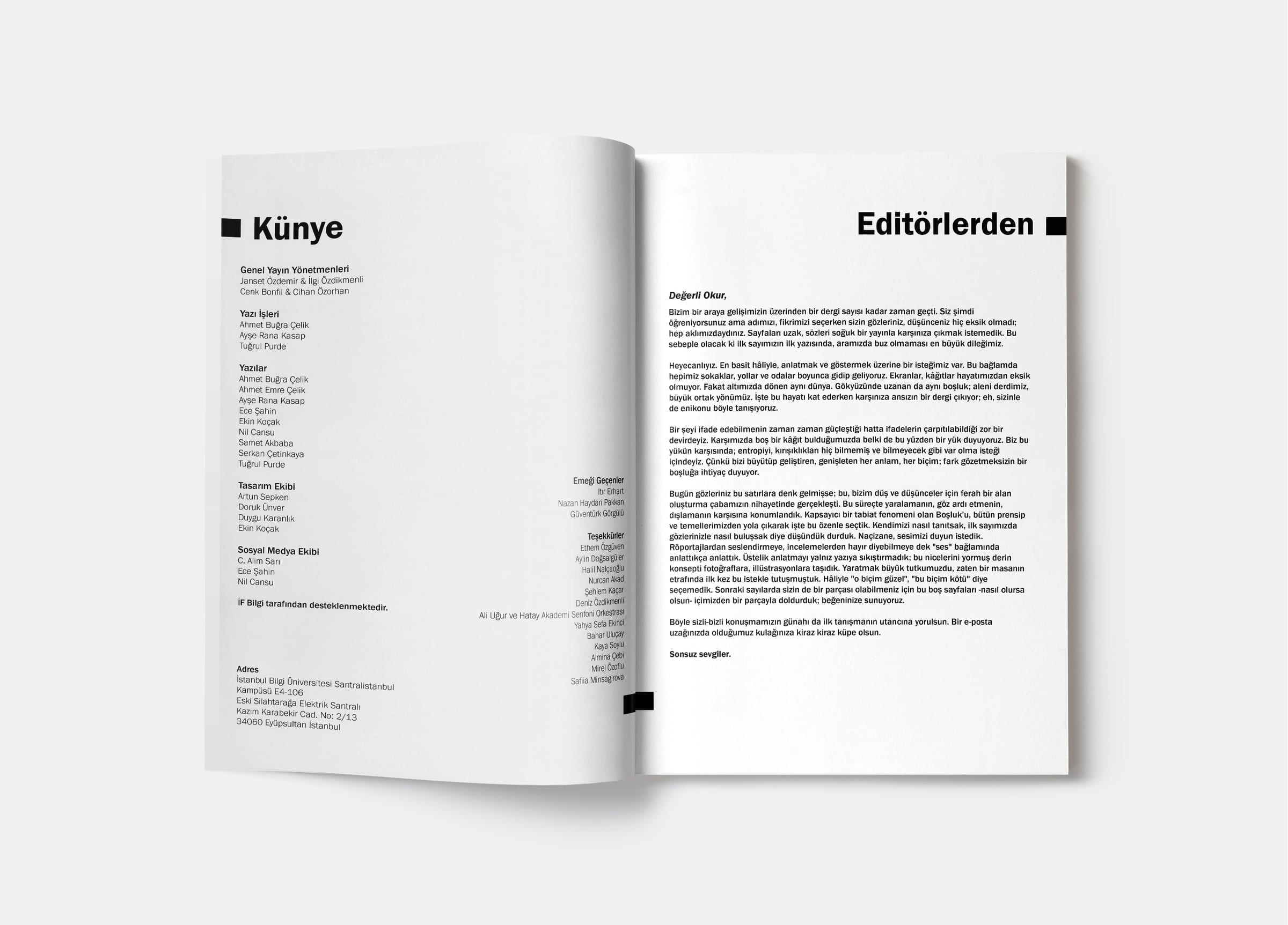 Editor's introduction spread, left page with masthead, right page with editorial column.