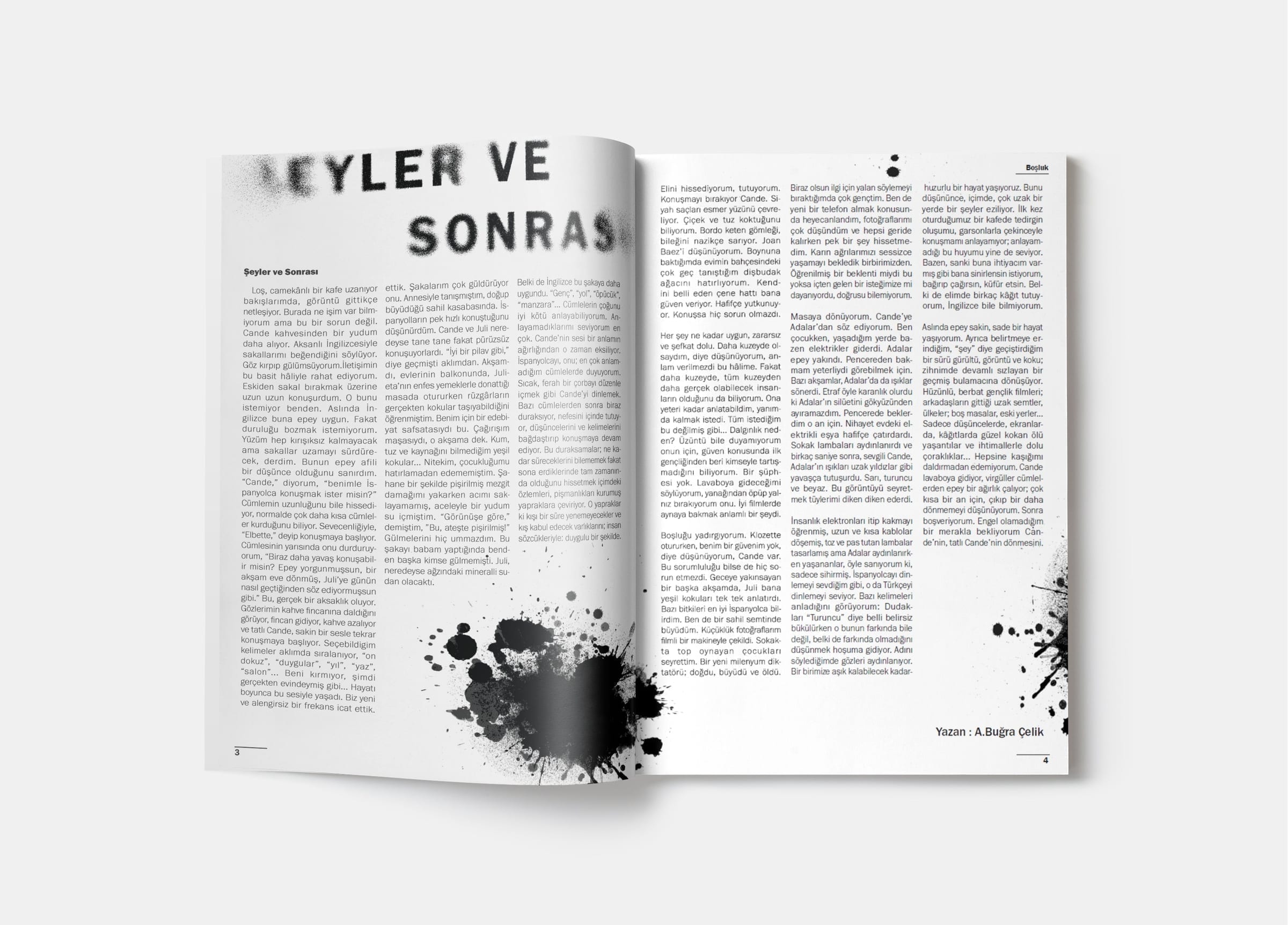 Feature spread with ink-blot imagery on the left and dense body text on the right.