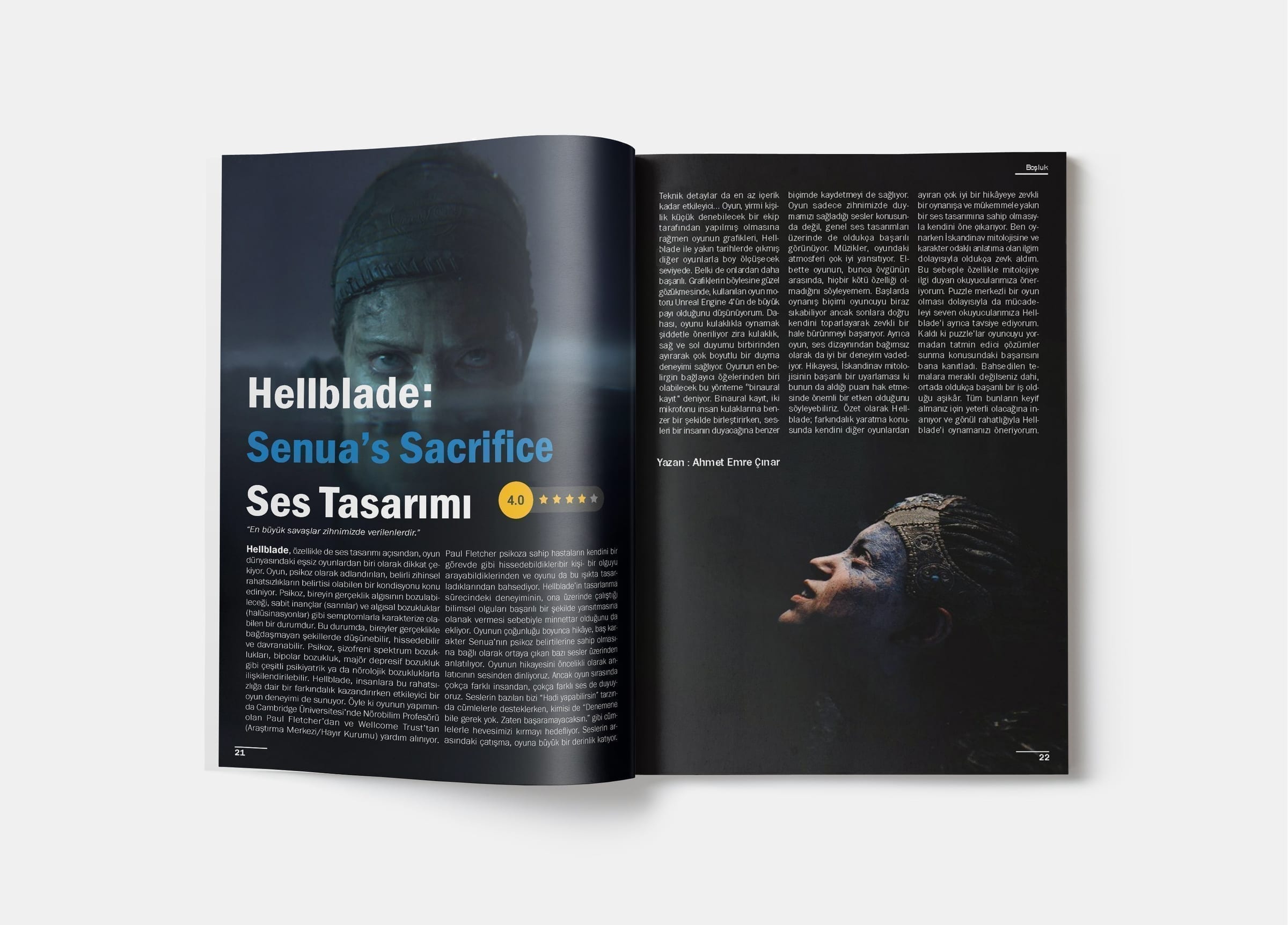 Spread on Hellblade's sound design, dark moody photography on the right, yellow-highlighted title block on the left.