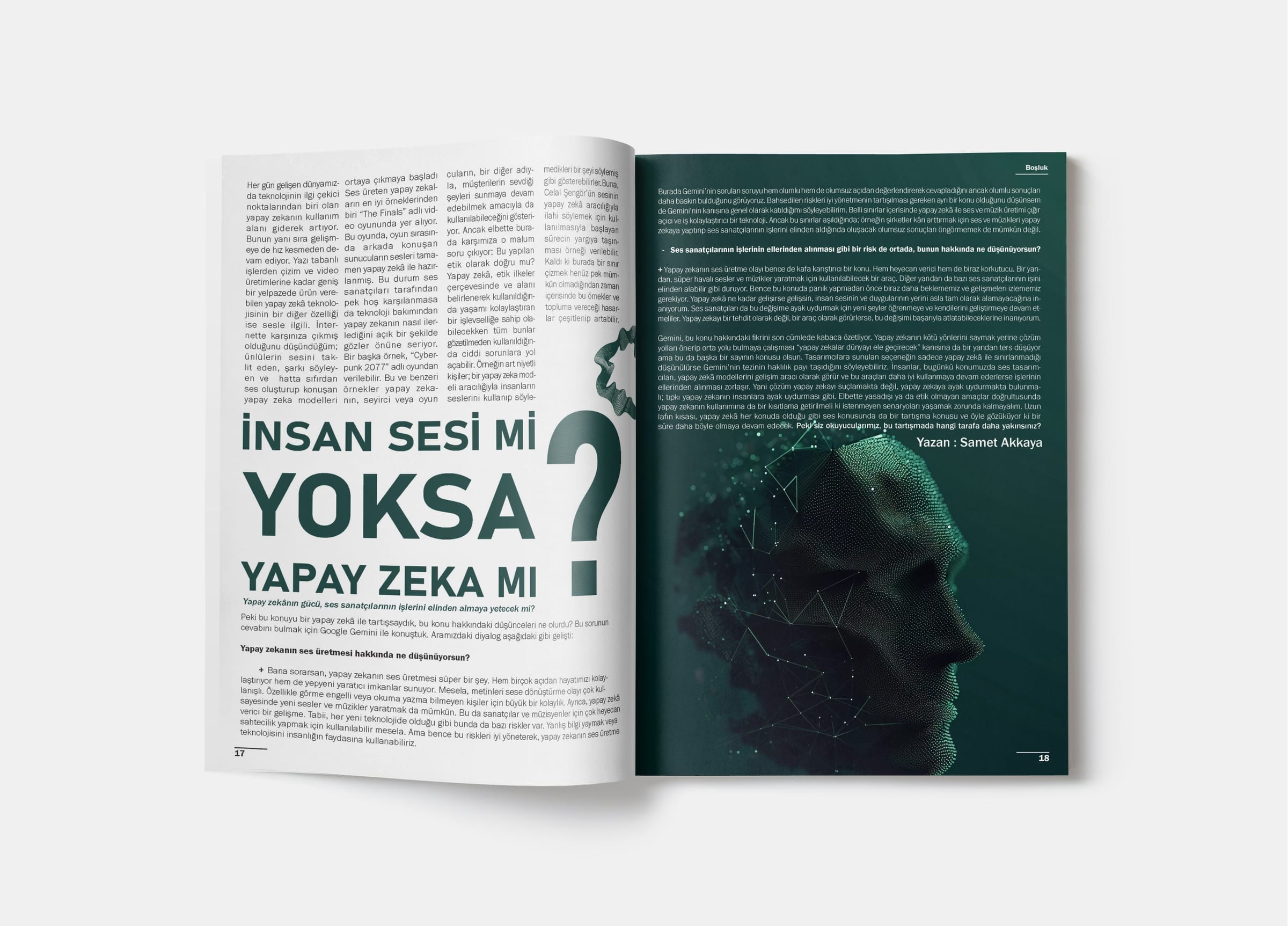 Spread on the question of AI voice vs human voice, condensed headline 'İnsan Sesi mi Yoksa Yapay Zeka mı?' over a moody portrait.