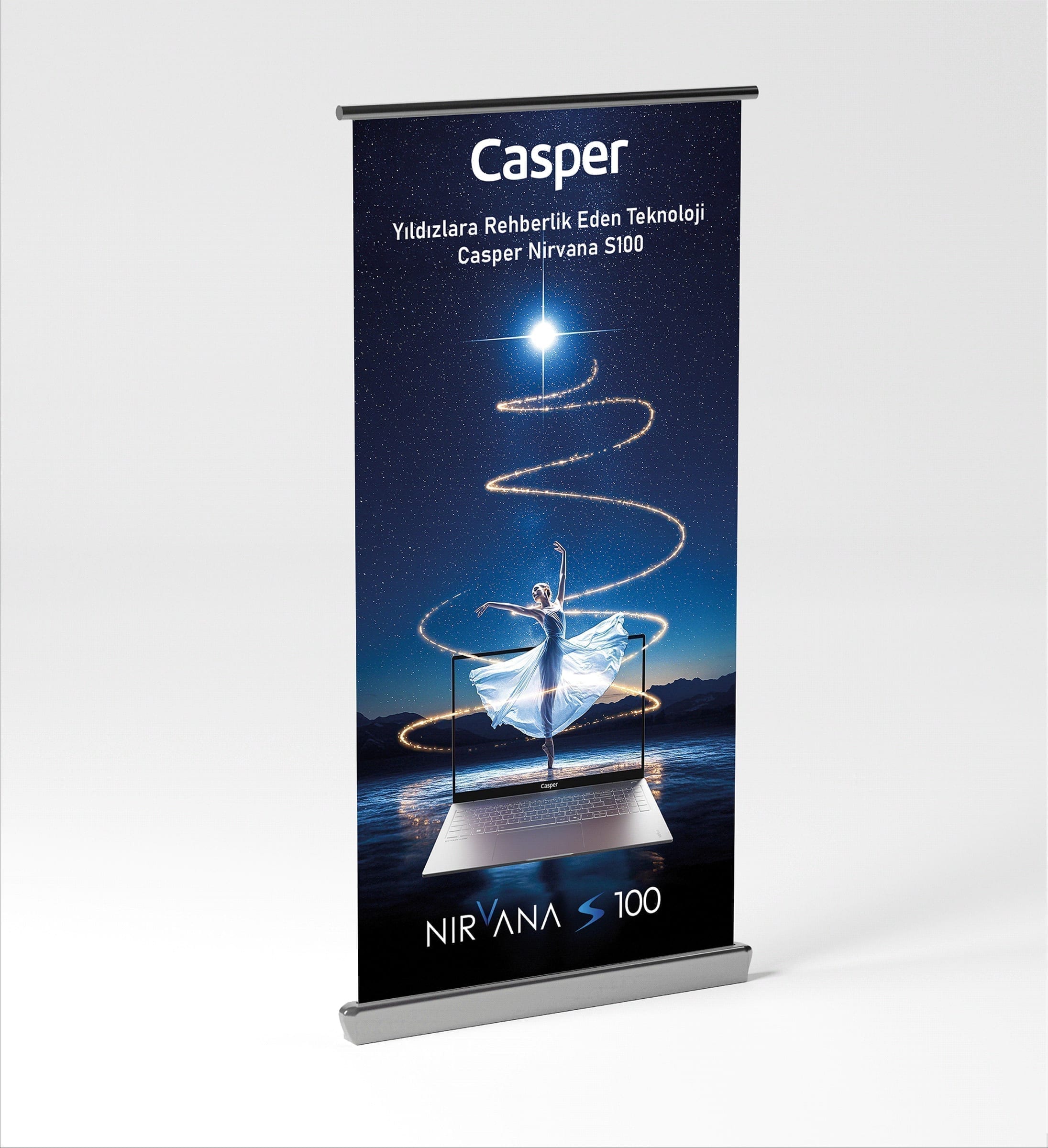 Nirvana S100 ballet campaign roll-up banner, full standing view.