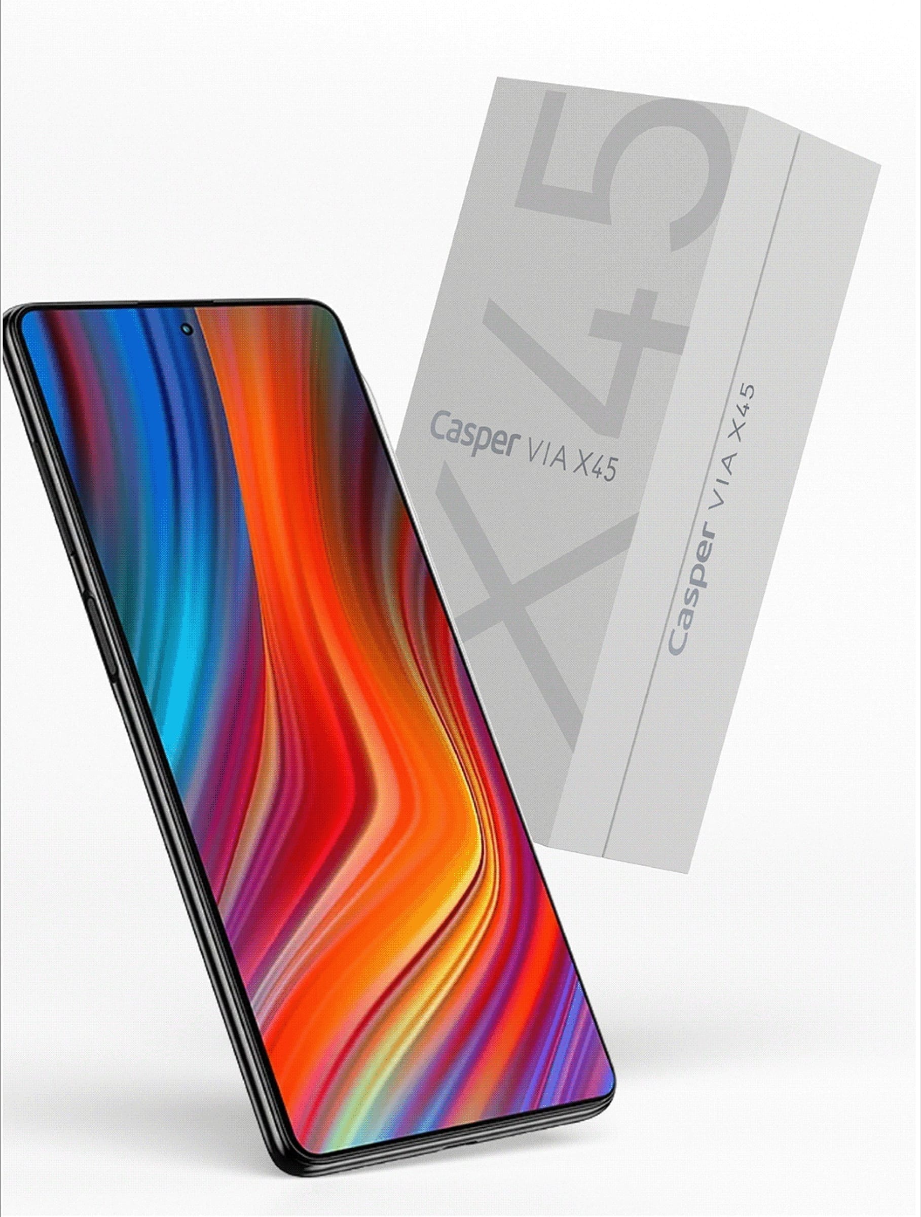 VIA X45 smartphone with packaging visible, showing a vibrant screen against the minimal box.