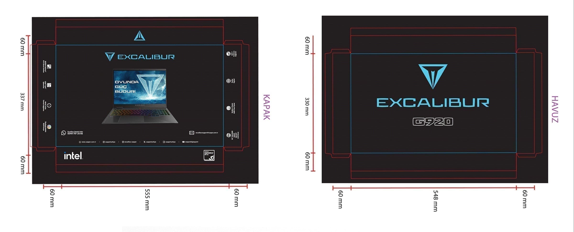 Technical dieline drawing for the Excalibur laptop packaging.