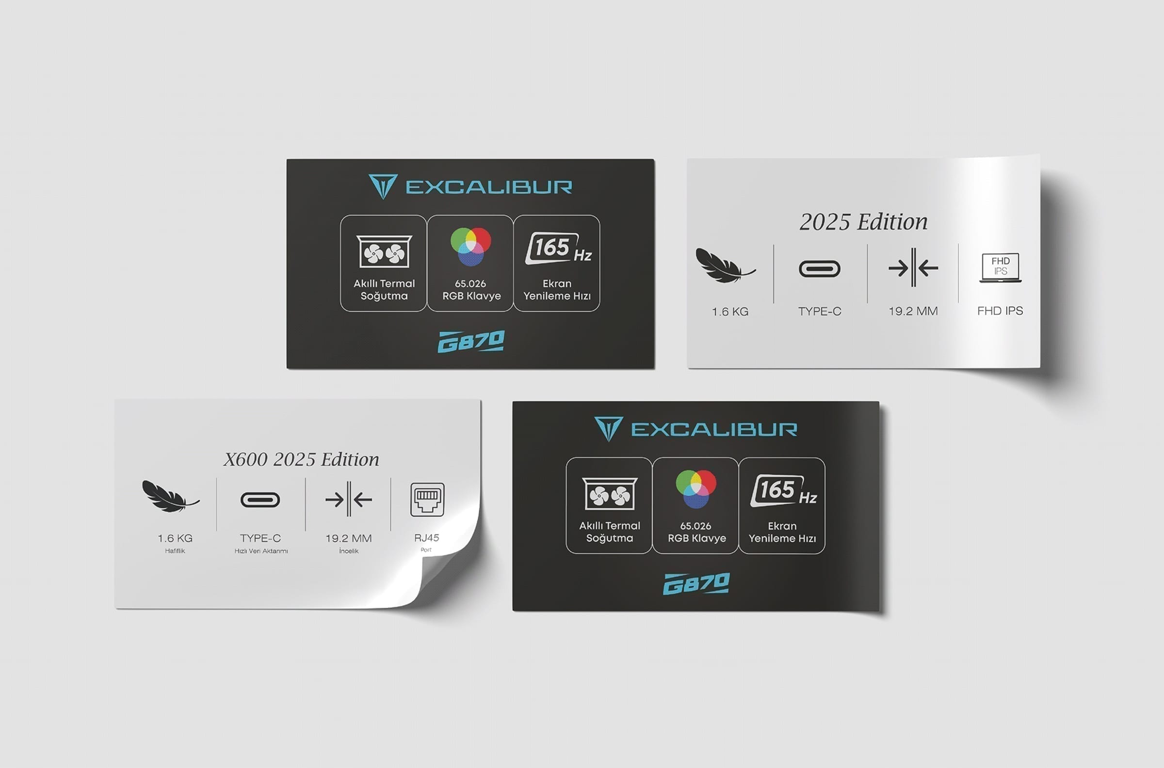 Flat sticker designs for Nirvana X600 and Excalibur G870, showing icons and specification callouts.