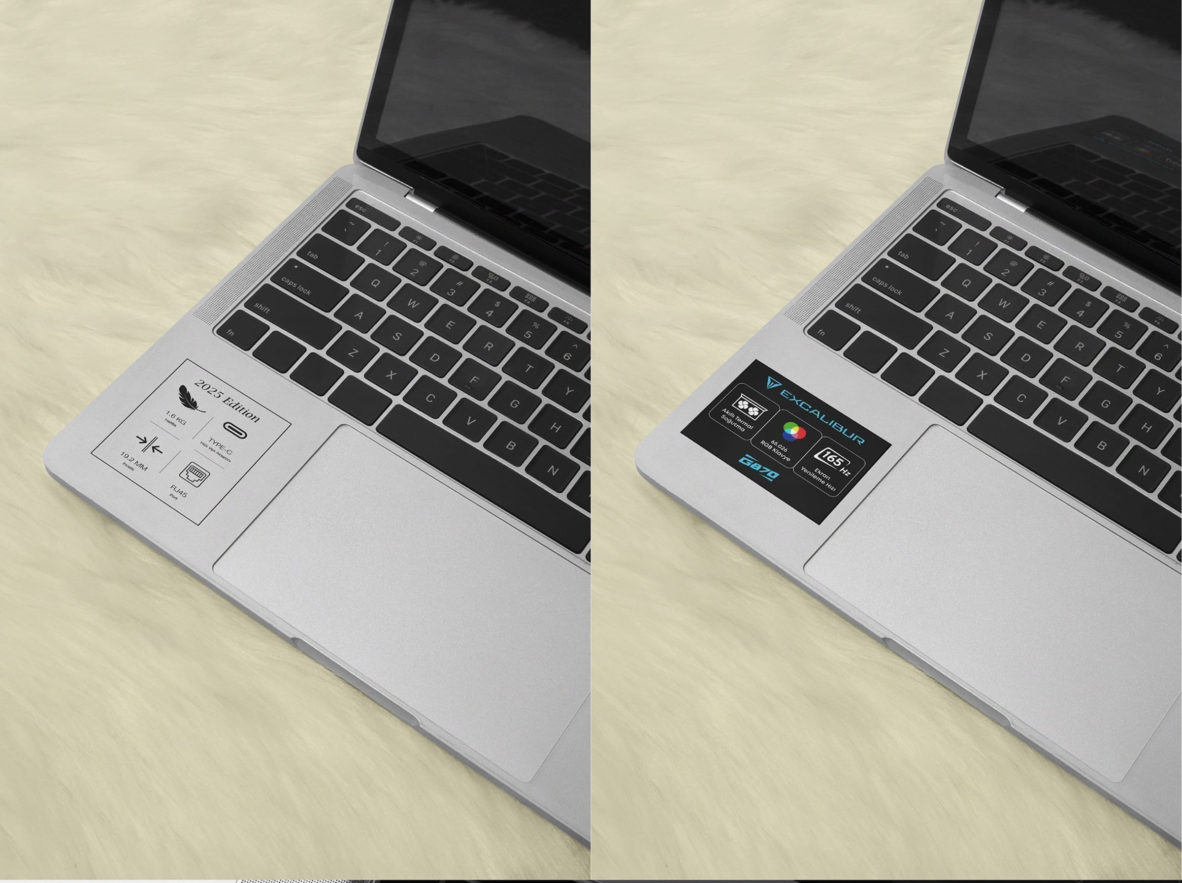 Stickers applied to a laptop palm rest, shown on a warm fabric surface.