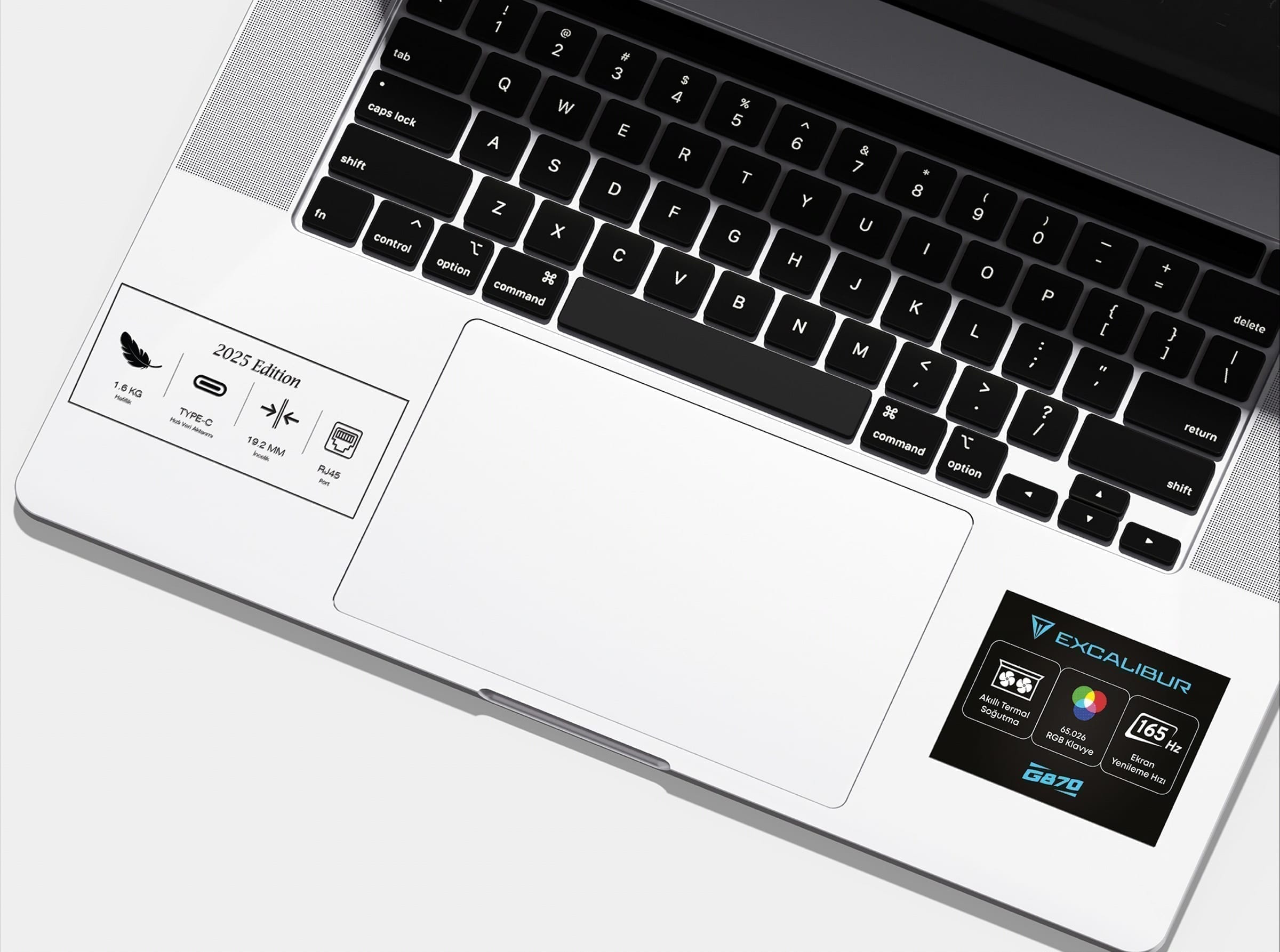Close detail of the sticker at keyboard scale showing legibility and finish.