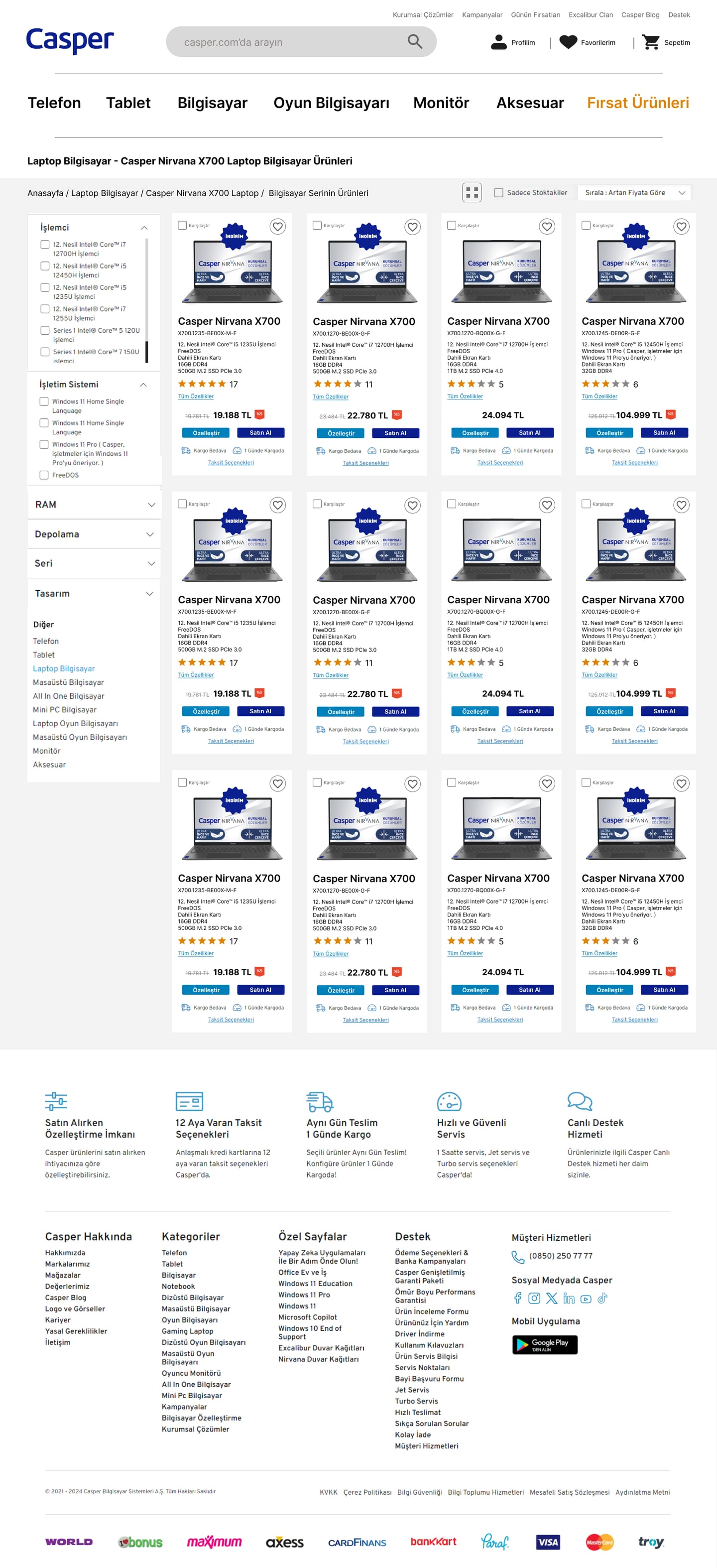 Series listing page in 4-column grid view with left-panel filters for the Nirvana X700 range.