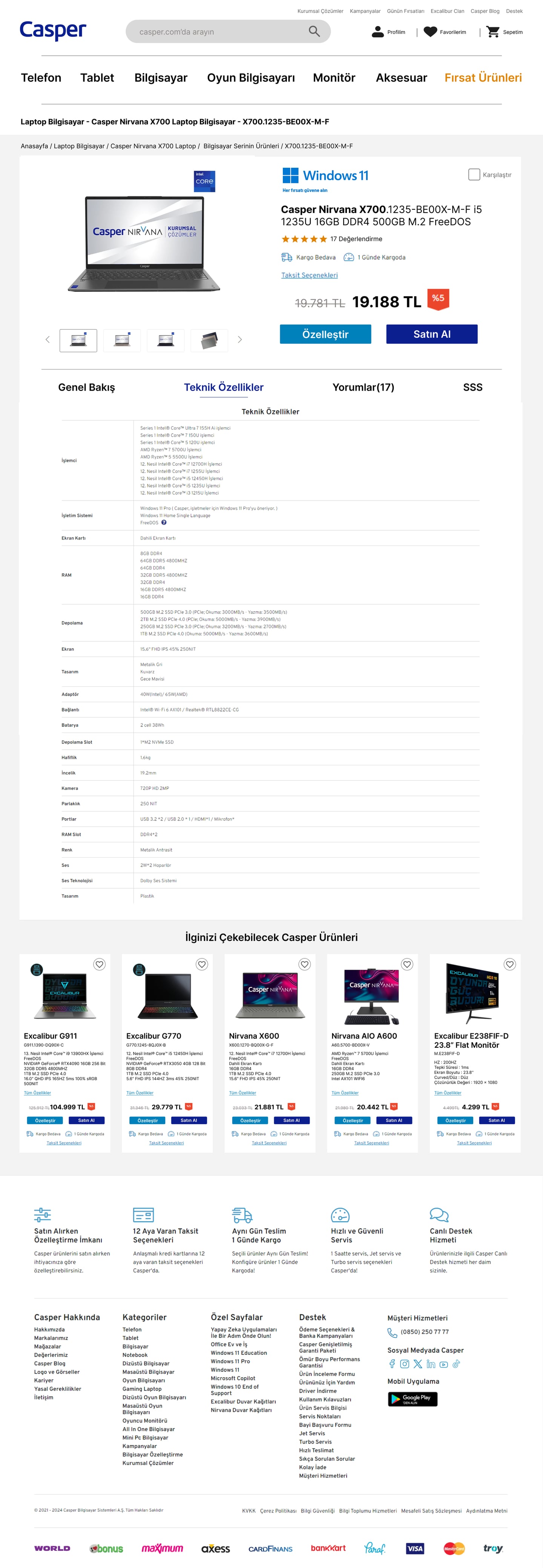 Product page on the Technical Specifications tab showing a full spec comparison table.