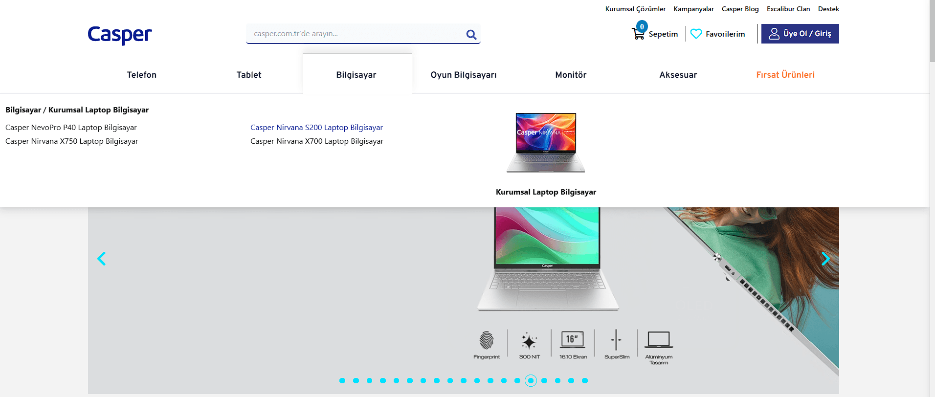 Redesigned navigation: hovering Bilgisayar surfaces direct links to product families including Nirvana X700 and 5200, bypassing the sub-category page entirely.
