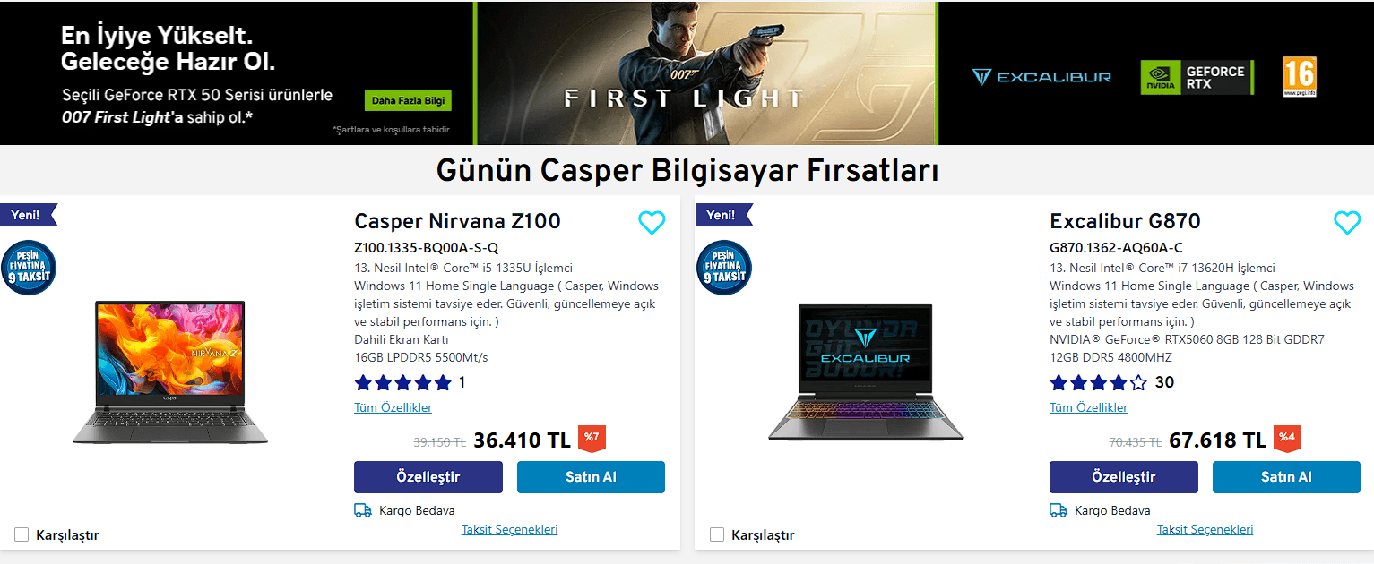 Updated Casper product cards showing richer laptop imagery, ratings, compare, favourites, pricing, and purchase actions.