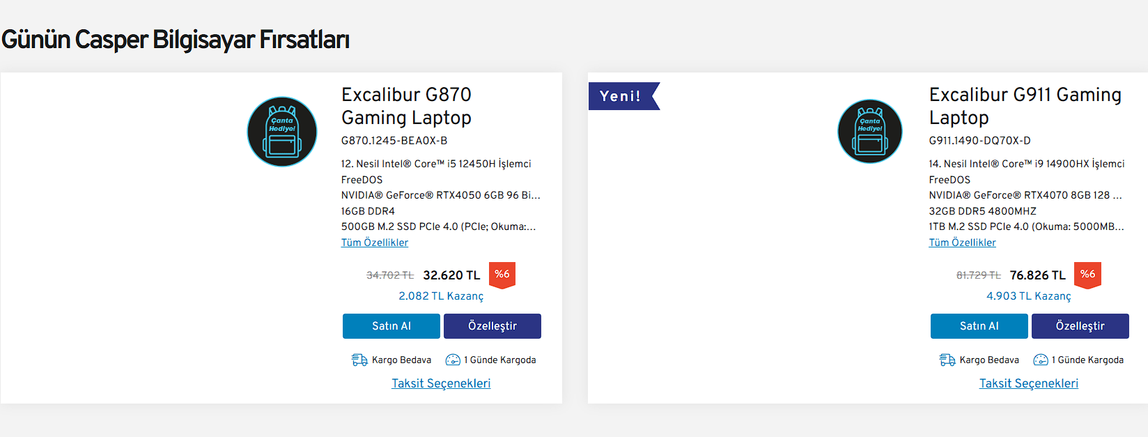 Earlier shipped Casper laptop cards showing compact product cards with specs, pricing, and purchase actions.