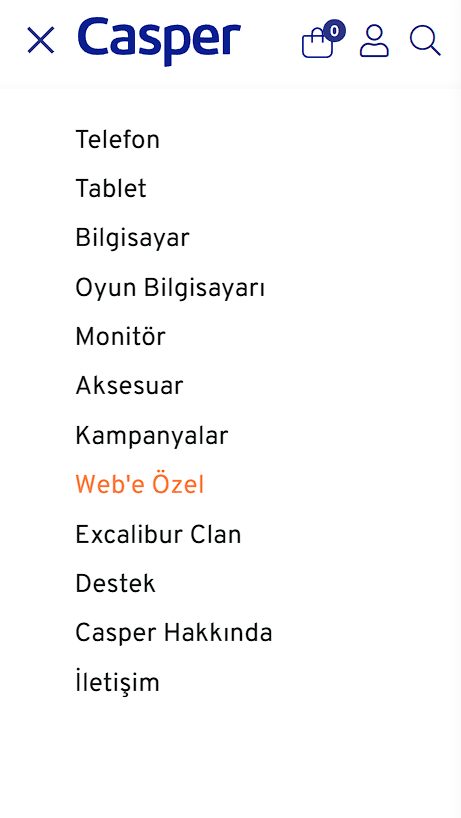 Redesigned mobile navigation menu: clean hierarchy with cart, account, and search icons in the header bar, and a reorganised category list.