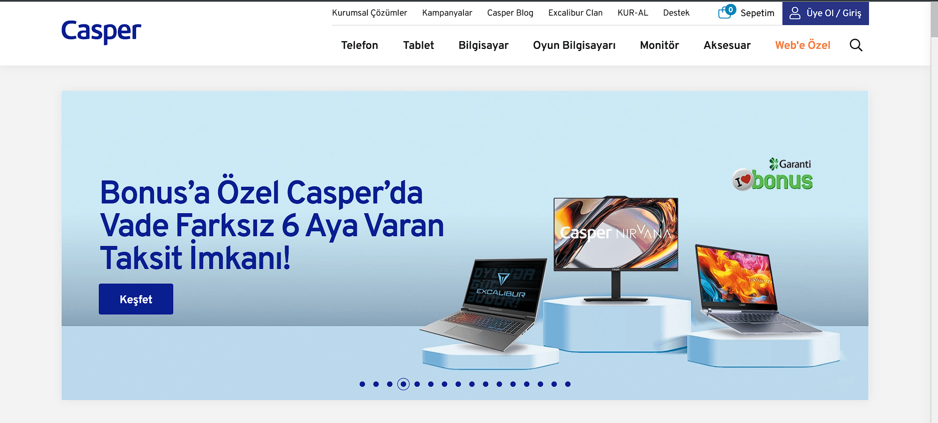 Old Casper homepage header: top bar shows only cart and login, no Favourites.