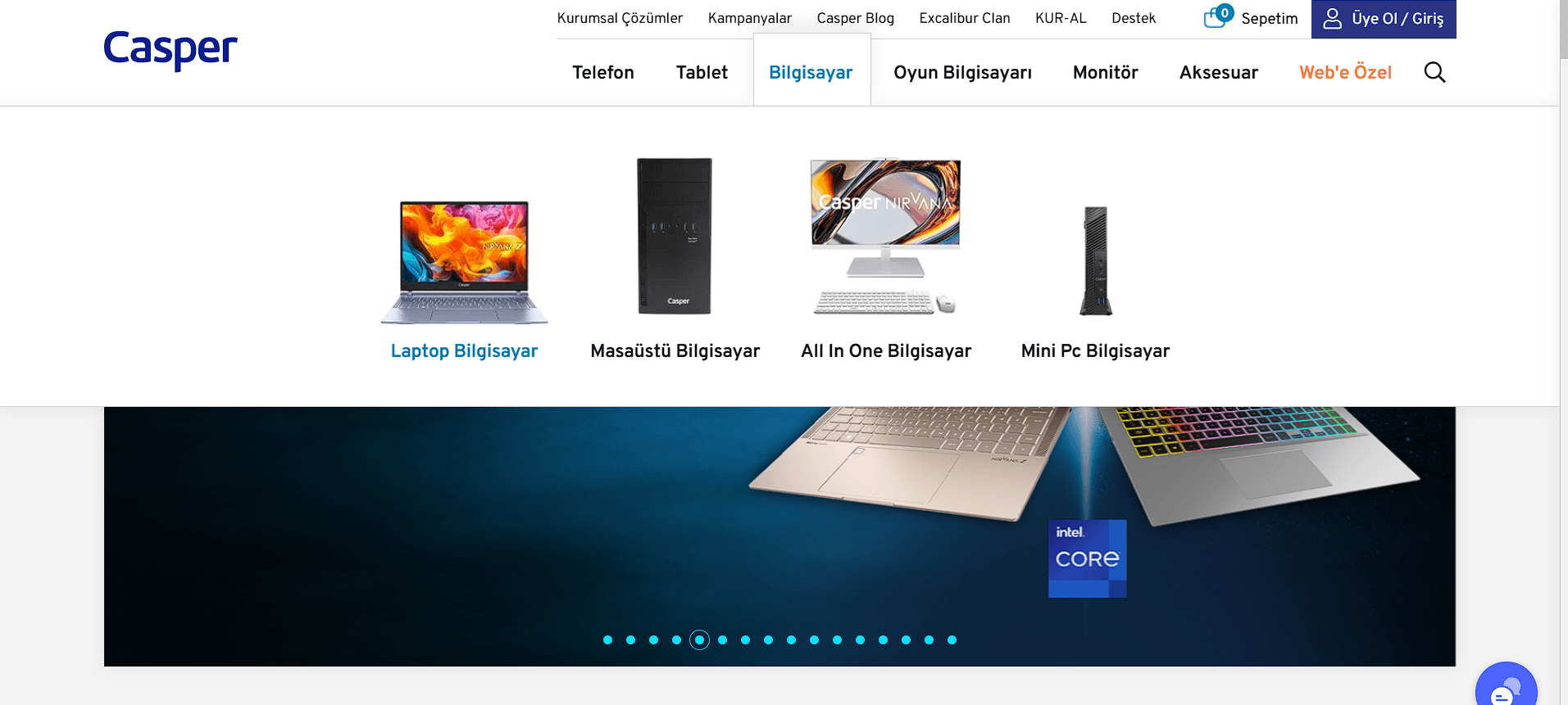 Old navigation: clicking Bilgisayar opened a sub-category page with Laptop, Masaüstü, All In One, Mini PC icons, requiring an extra click before reaching any product list.