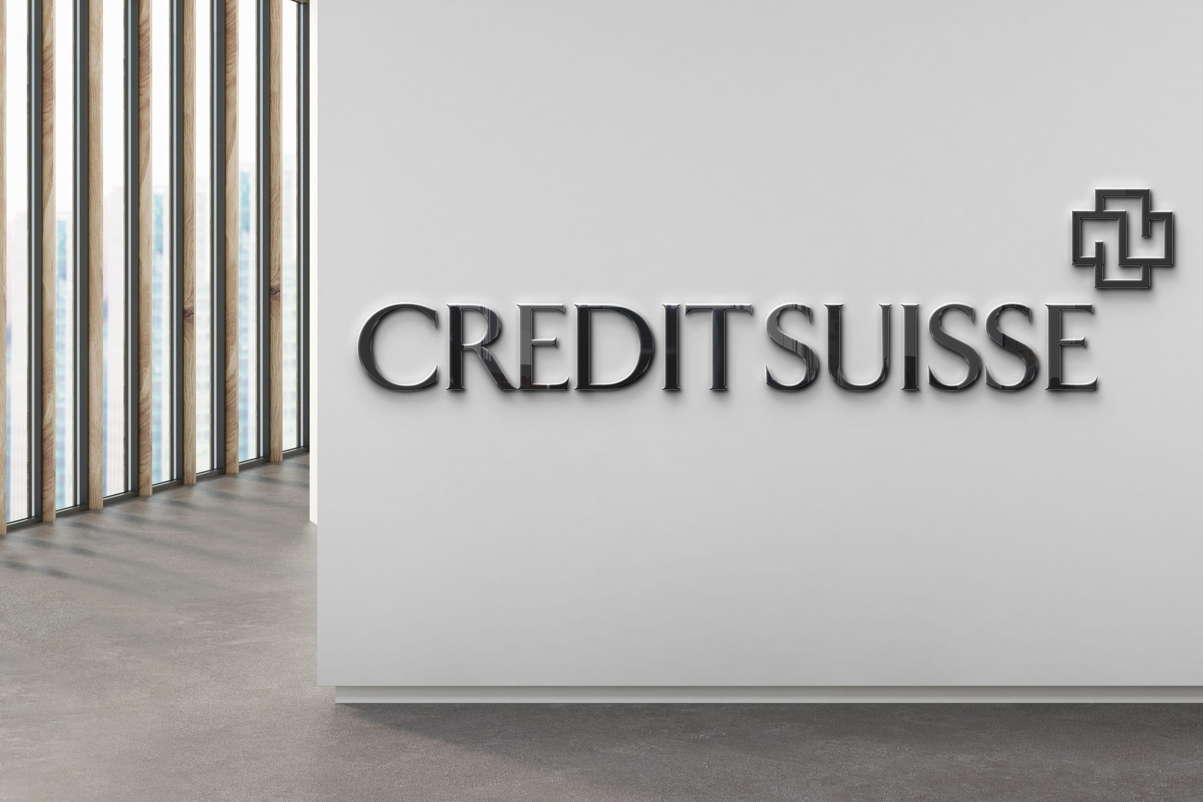 Credit Suisse branch interior lobby signage with the new Wermelinger cross mark.