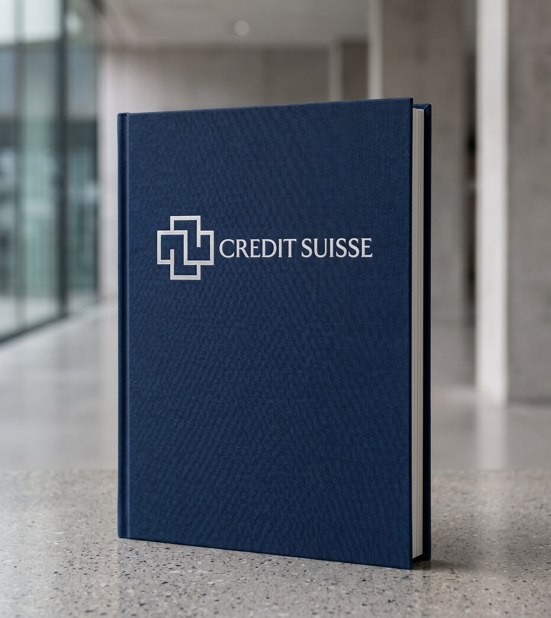 Credit Suisse annual report hardcover, deep navy with embossed Wermelinger cross.