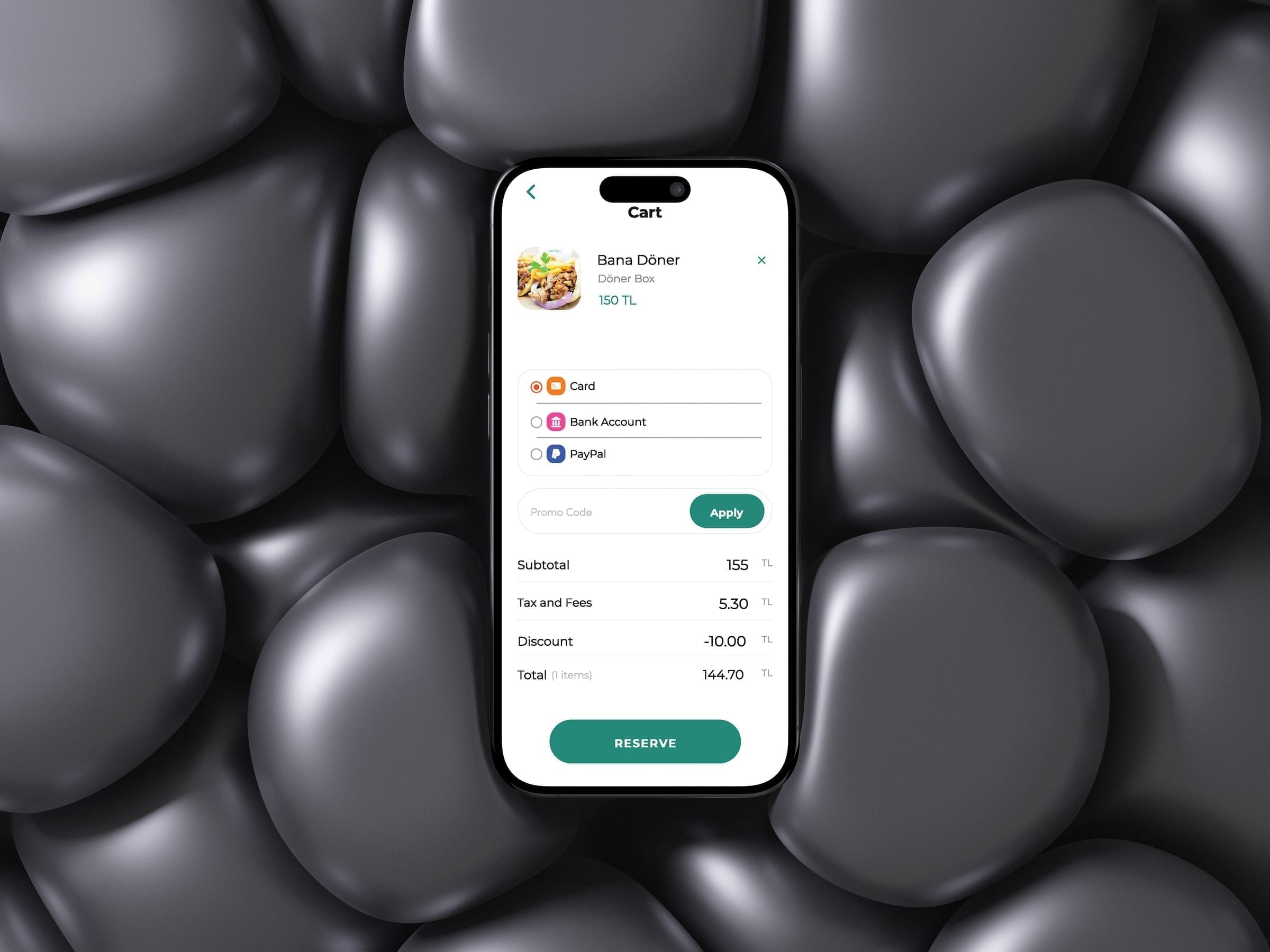 GreenPlates+ cart screen showing item summary, payment method selection, promo code and itemized total.