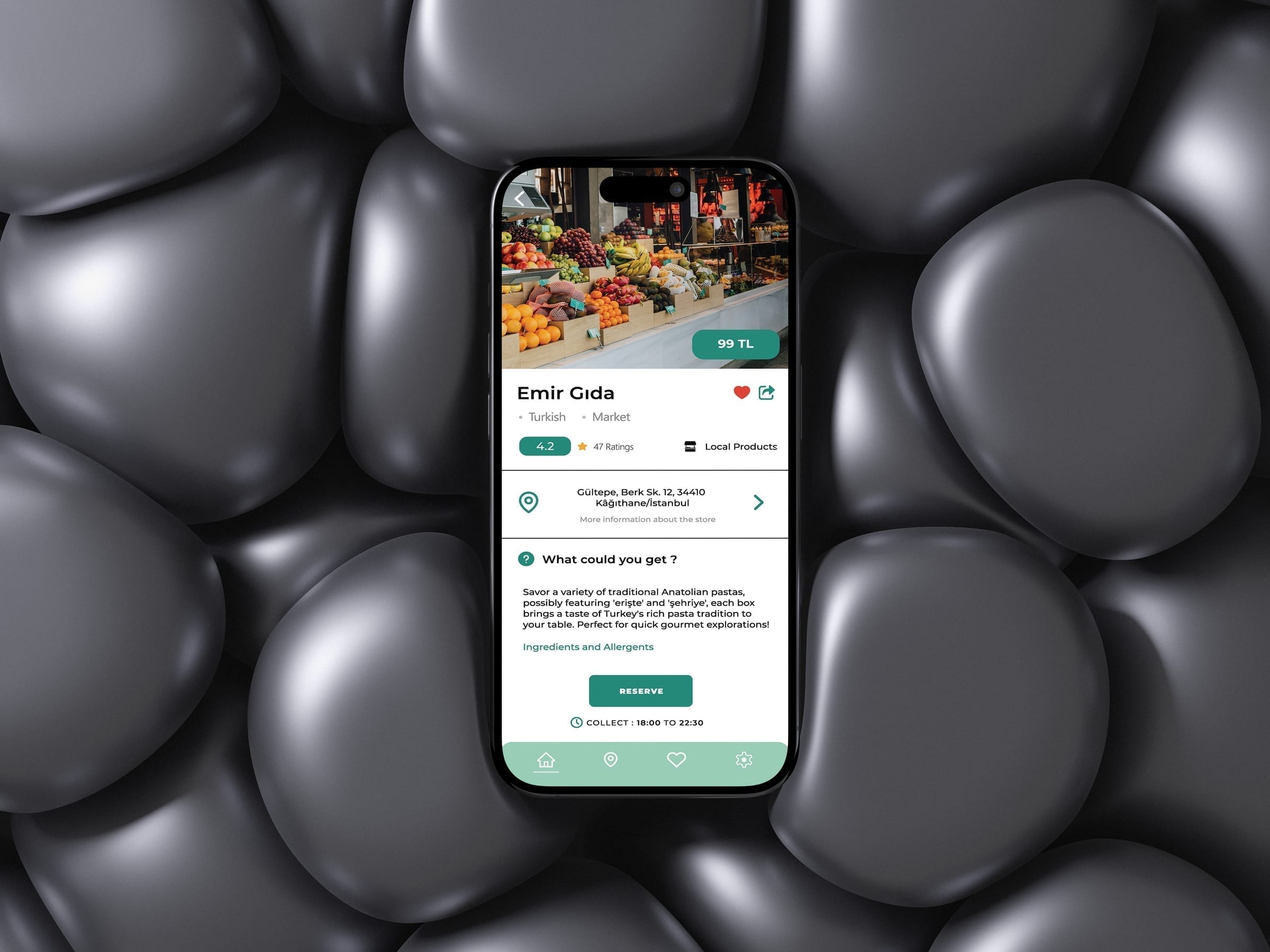 GreenPlates+ offer detail page for Emir Gida showing price, rating, category, address and reserve button.