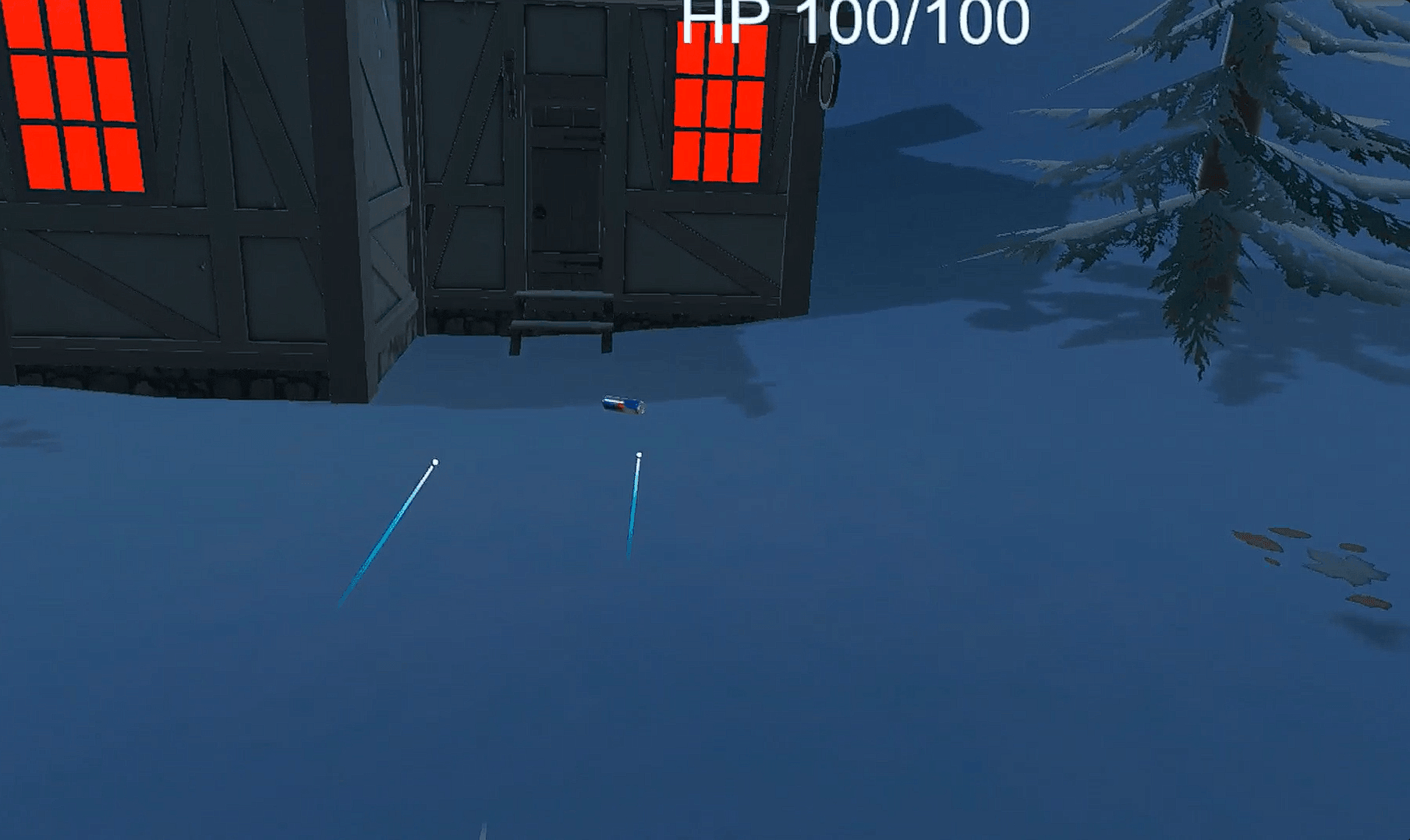 The player at full health (HP 100/100) facing a lodge with red-lit windows, two glowing blue throwable weapons planted in the snow nearby.