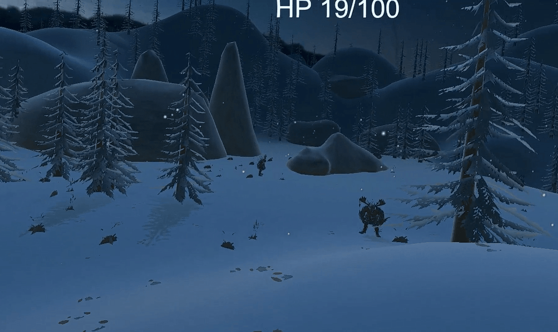 The player at low health (HP 19/100) in a rocky, pine-lined clearing with a Krampus creature approaching in the mid-distance.