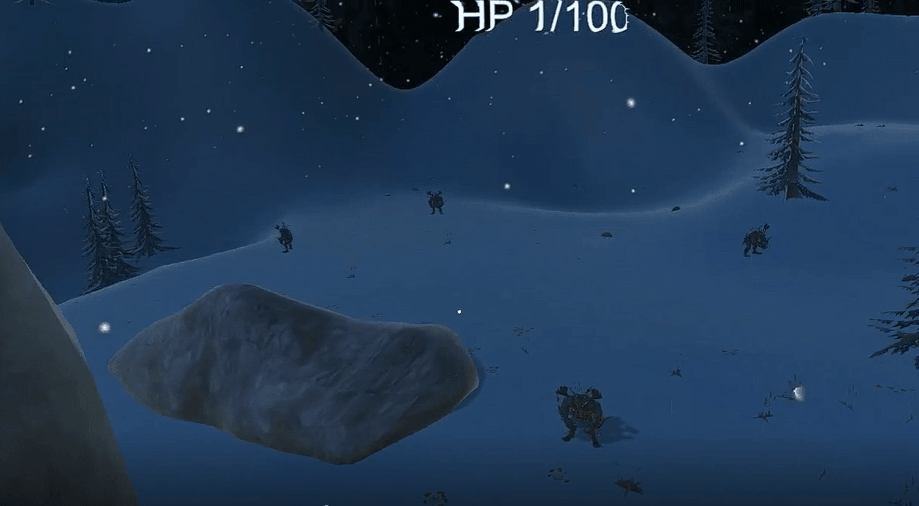 The player at critical health (HP 1/100), surrounded by several horned creatures approaching across open snow at night, blood visible on the ground.