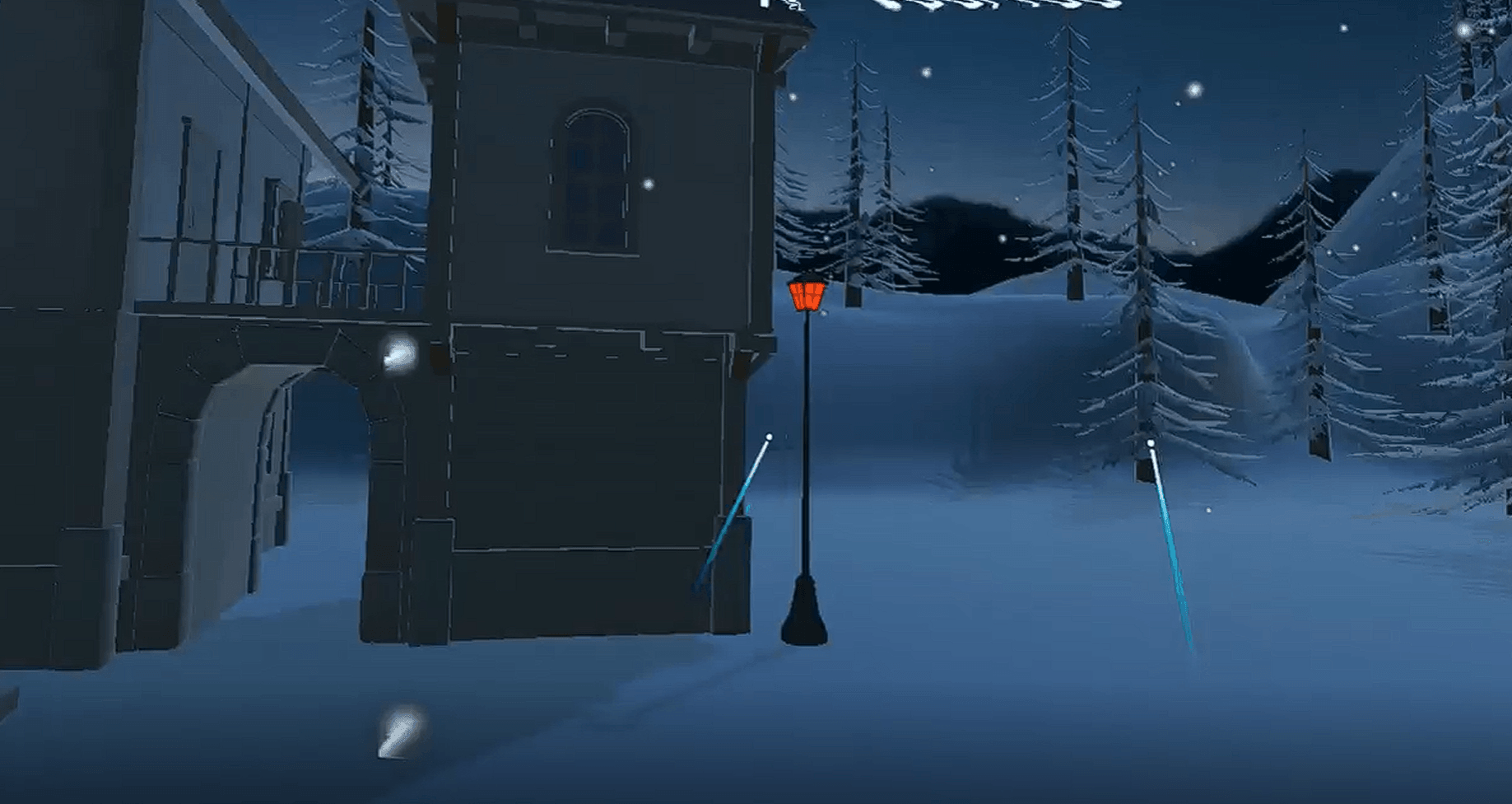 Close-up of a stone lodge archway and lit lamp post at night, with two glowing blue throwable weapons planted in the snow.
