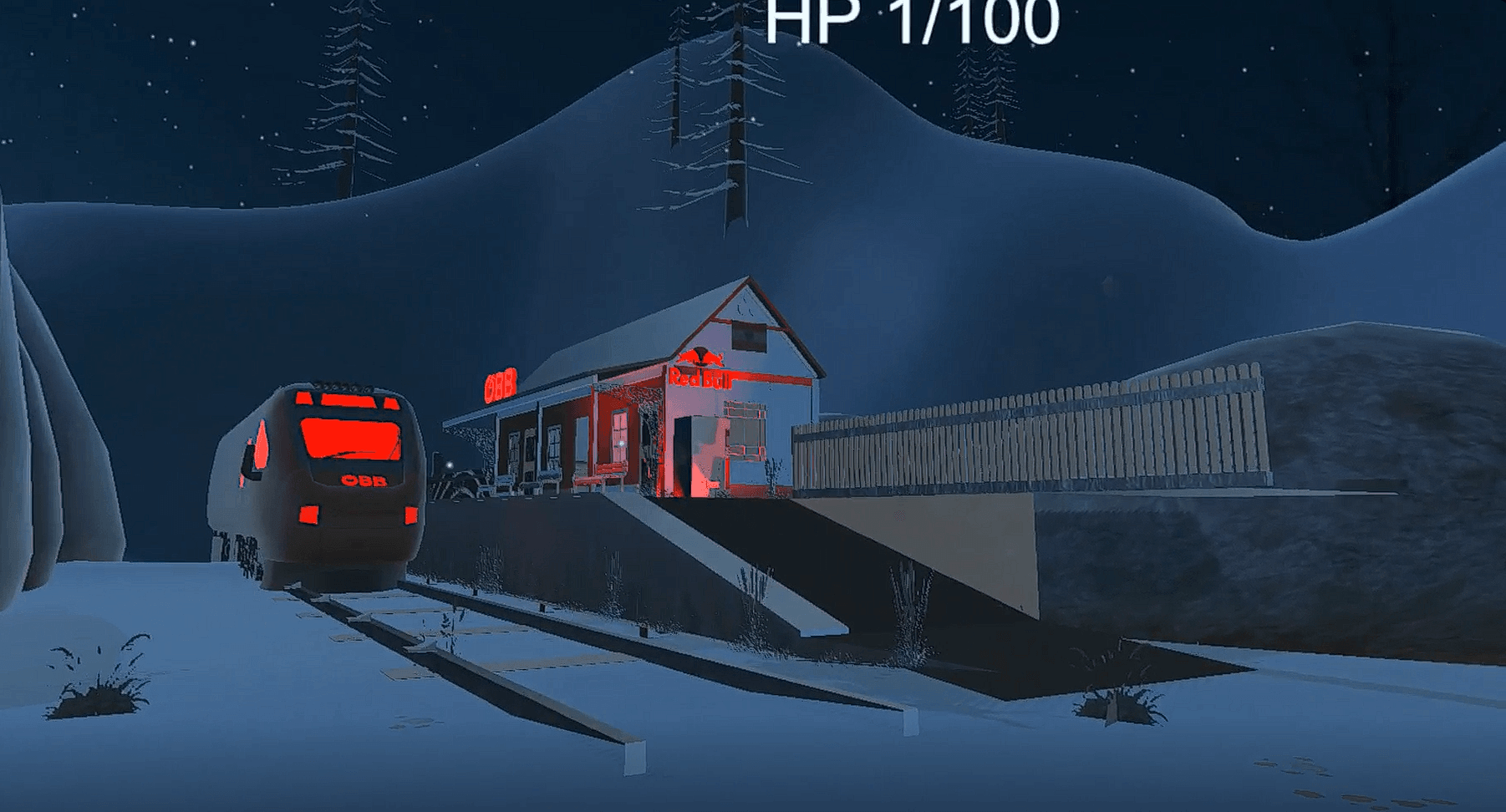 The player at critical health (HP 1/100) at a snowbound train station, an ÖBB train arriving beside a building lit with Red Bull signage.