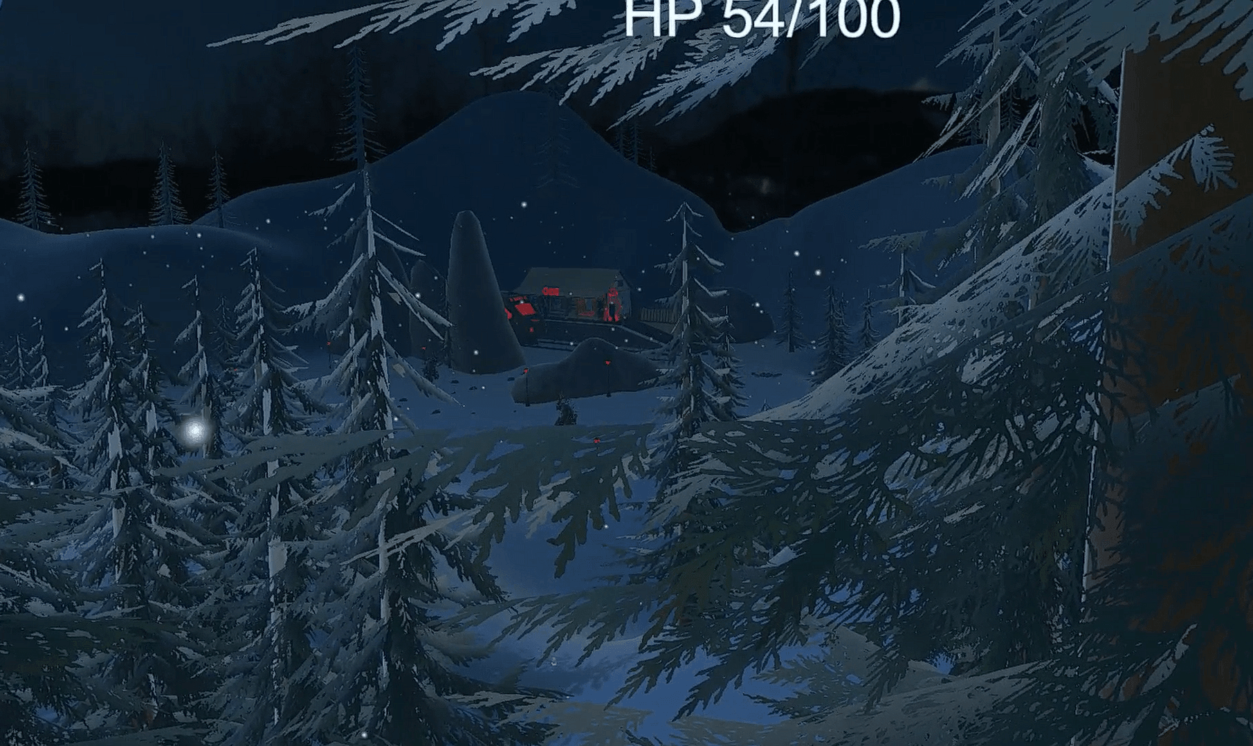 First-person VR view at night in a snowy pine forest, HP 100/100 shown top-of-screen, a horned Krampus-like creature approaching in the distance near a lit red-windowed lodge.