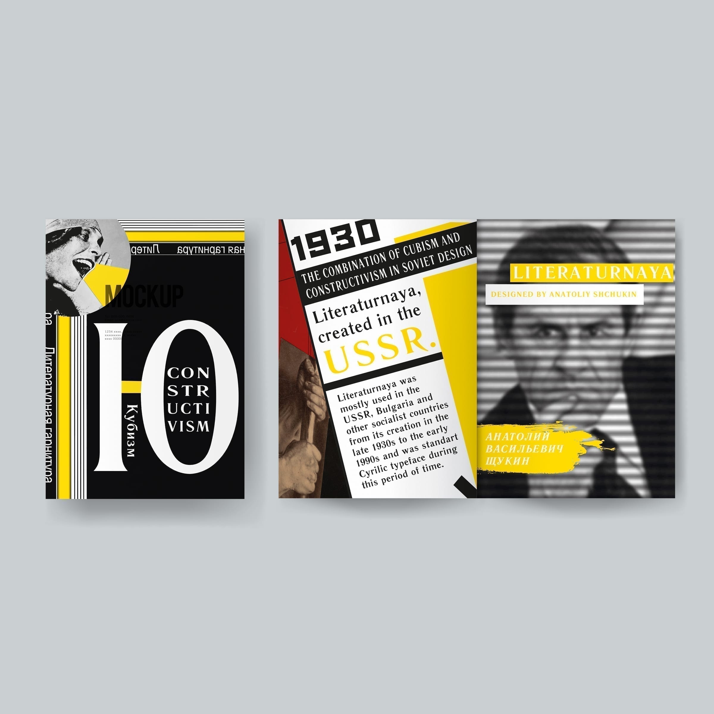 A nine-frame grid of interior spreads from the booklet, showing the use of bold typography, historical imagery, and the Cyrillic alphabet in bright yellow and black.