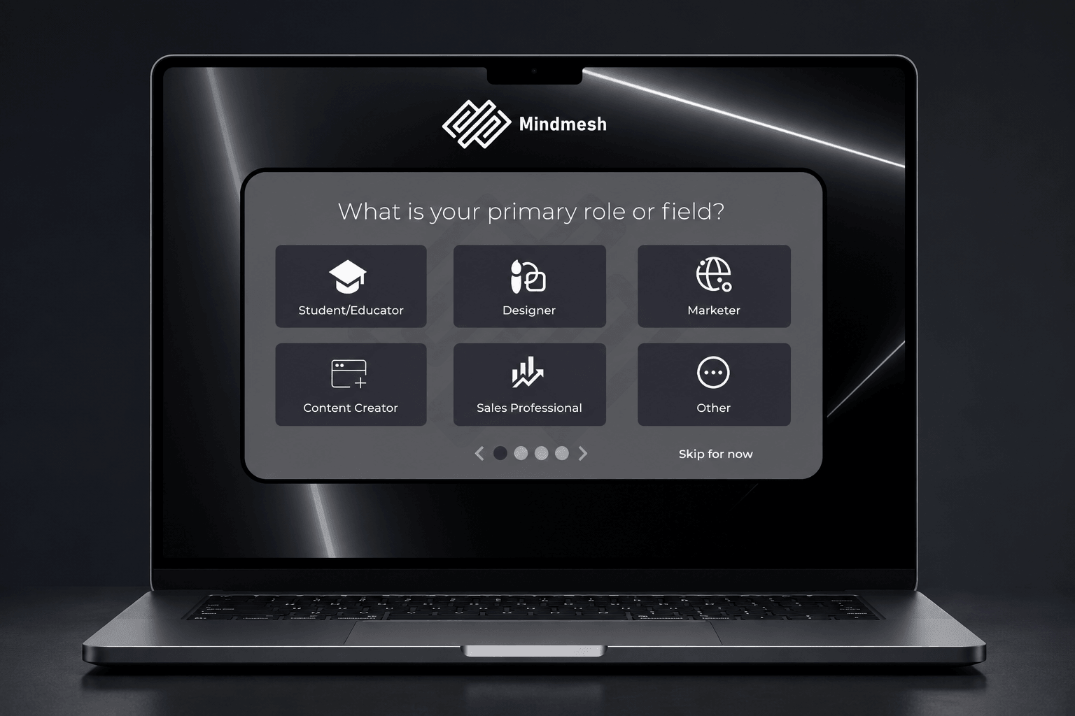 MindMesh onboarding screen on a MacBook Pro asking 'What is your primary role or field?' with six labeled card options: Student/Educator, Designer, Marketer, Content Creator, Sales Professional, Other.