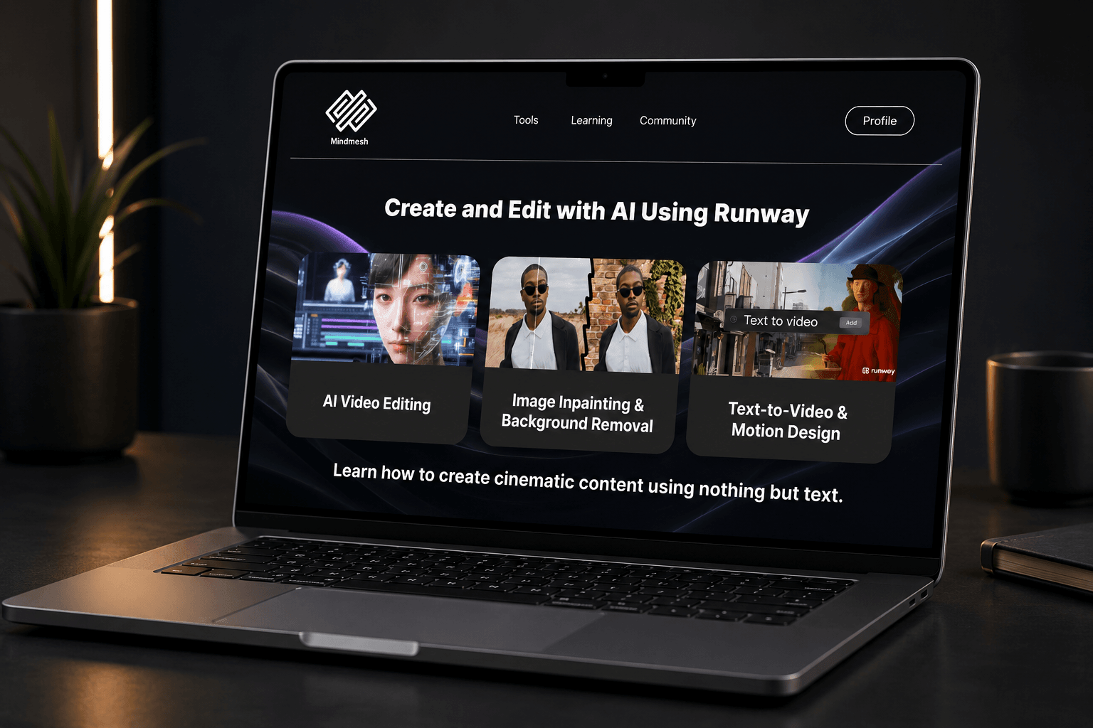 MindMesh Runway tool page on a MacBook Pro showing 'Create and Edit with AI Using Runway' with three use-case cards: AI Video Editing, Image Inpainting and Background Removal, Text-to-Video and Motion Design.