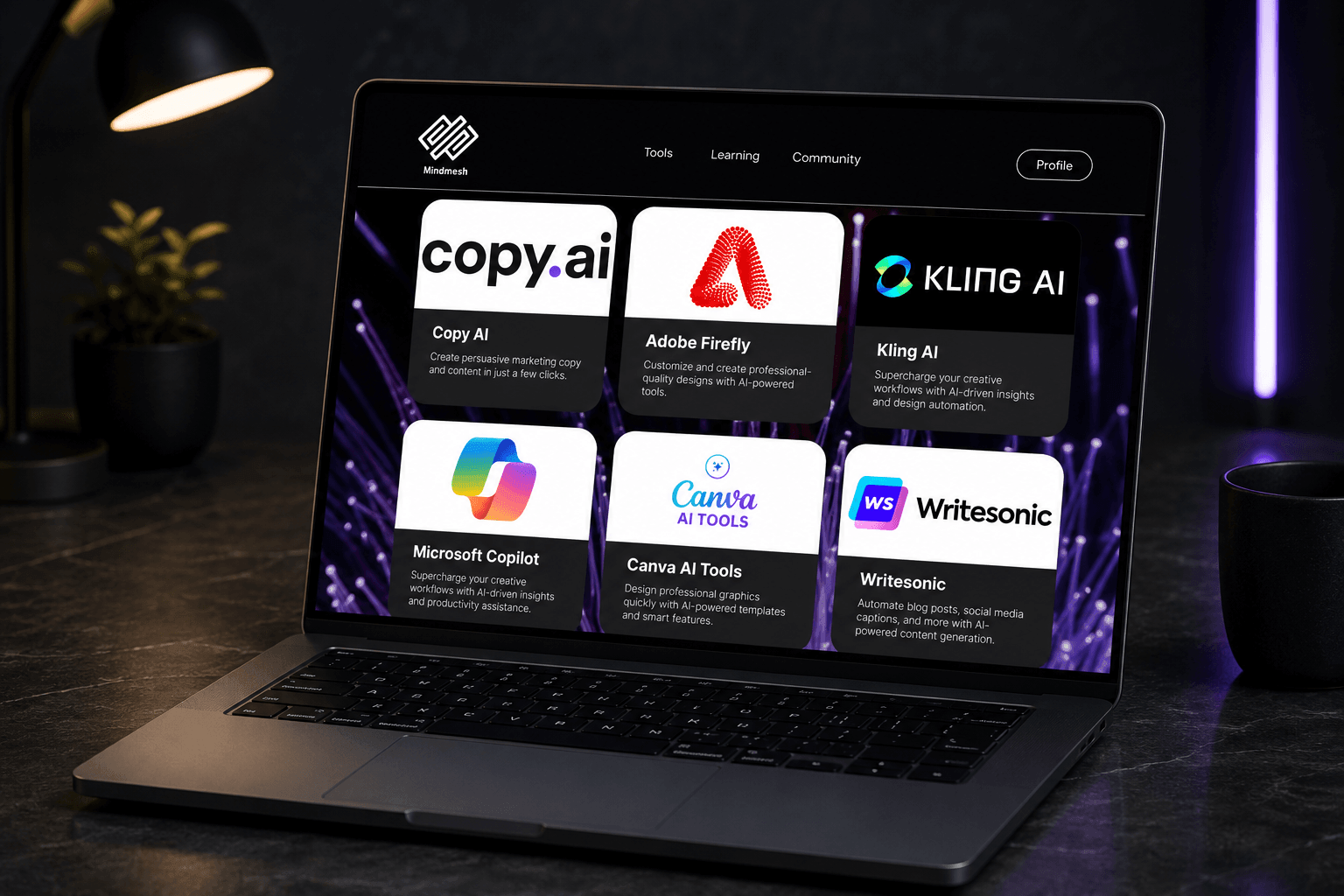 MindMesh tools landing page on a MacBook Pro showing a grid of AI tool cards: Copy.ai, Adobe Firefly, Kling AI, Microsoft Copilot, Canva AI Tools, Writesonic.