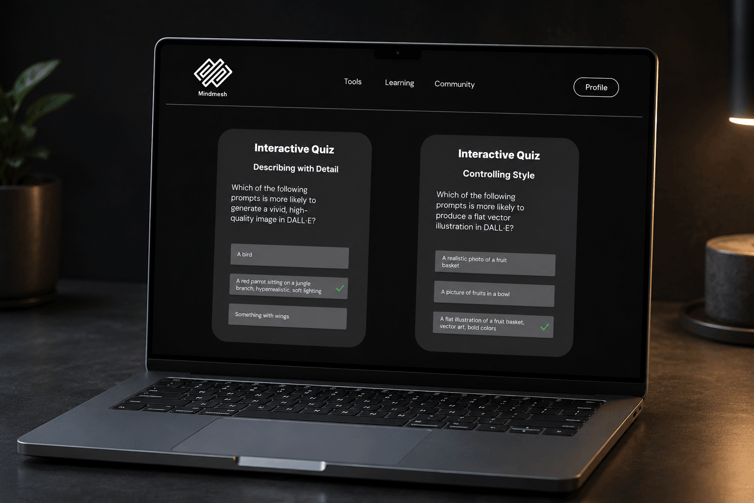 MindMesh interactive quiz screen on a MacBook Pro showing two DALL·E quiz cards side by side: 'Describing with Detail' and 'Controlling Style', each with multiple choice answer options.