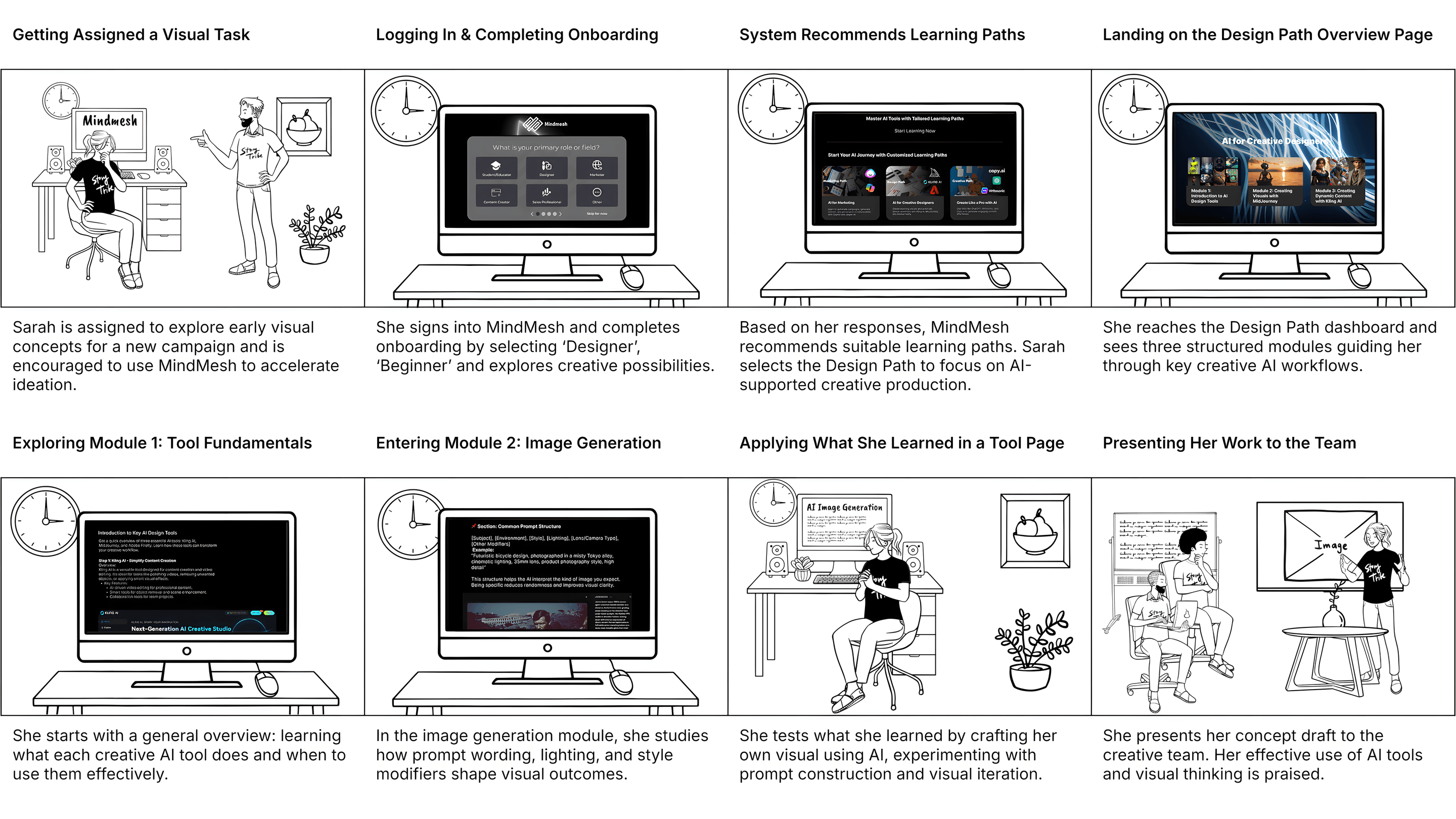 Eight-panel storyboard following Sarah through getting assigned a visual task, completing MindMesh onboarding, receiving path recommendations, exploring modules, applying learning in a tool page, and presenting her work.