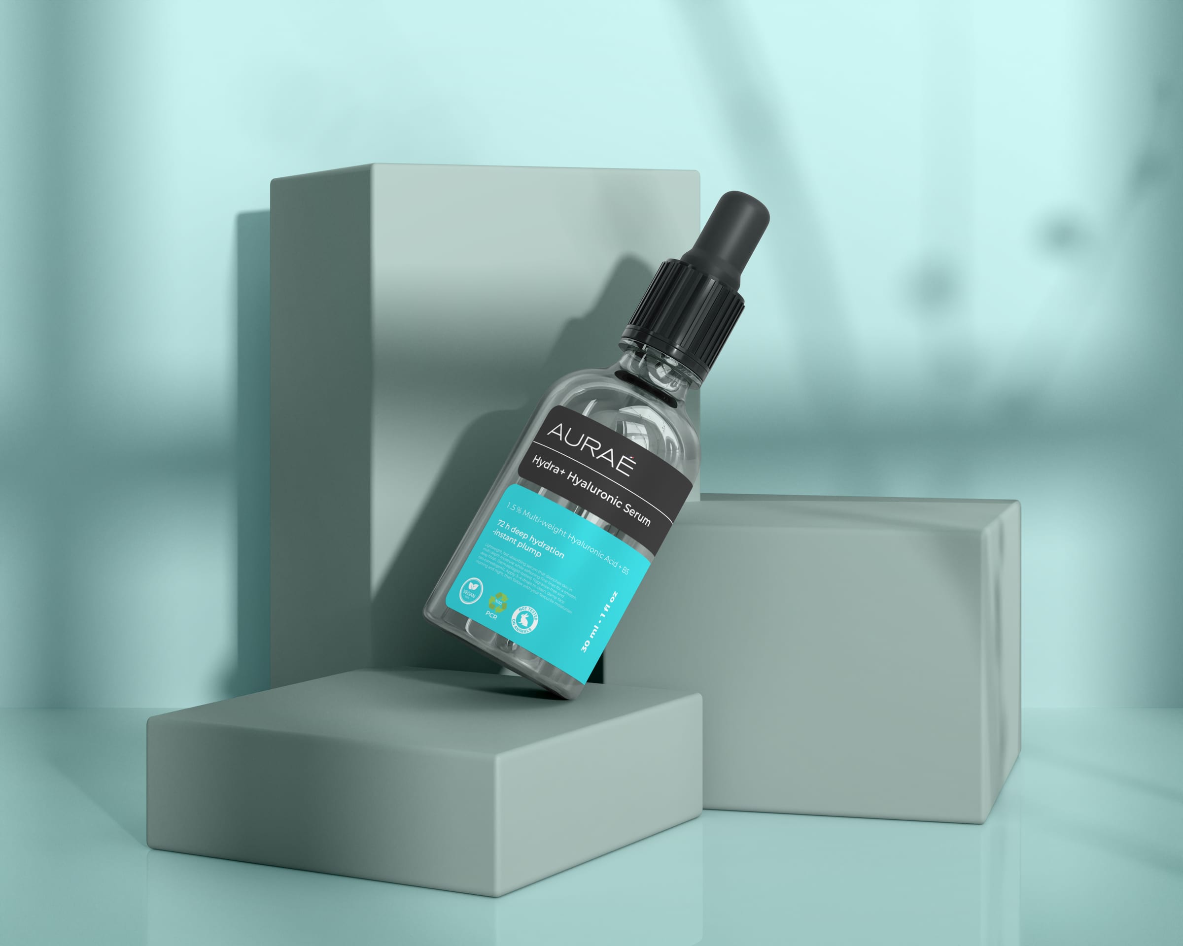 AURAÉ Hydra+ Hyaluronic Serum bottle leaning against mint blocks in a cool-toned product mockup.