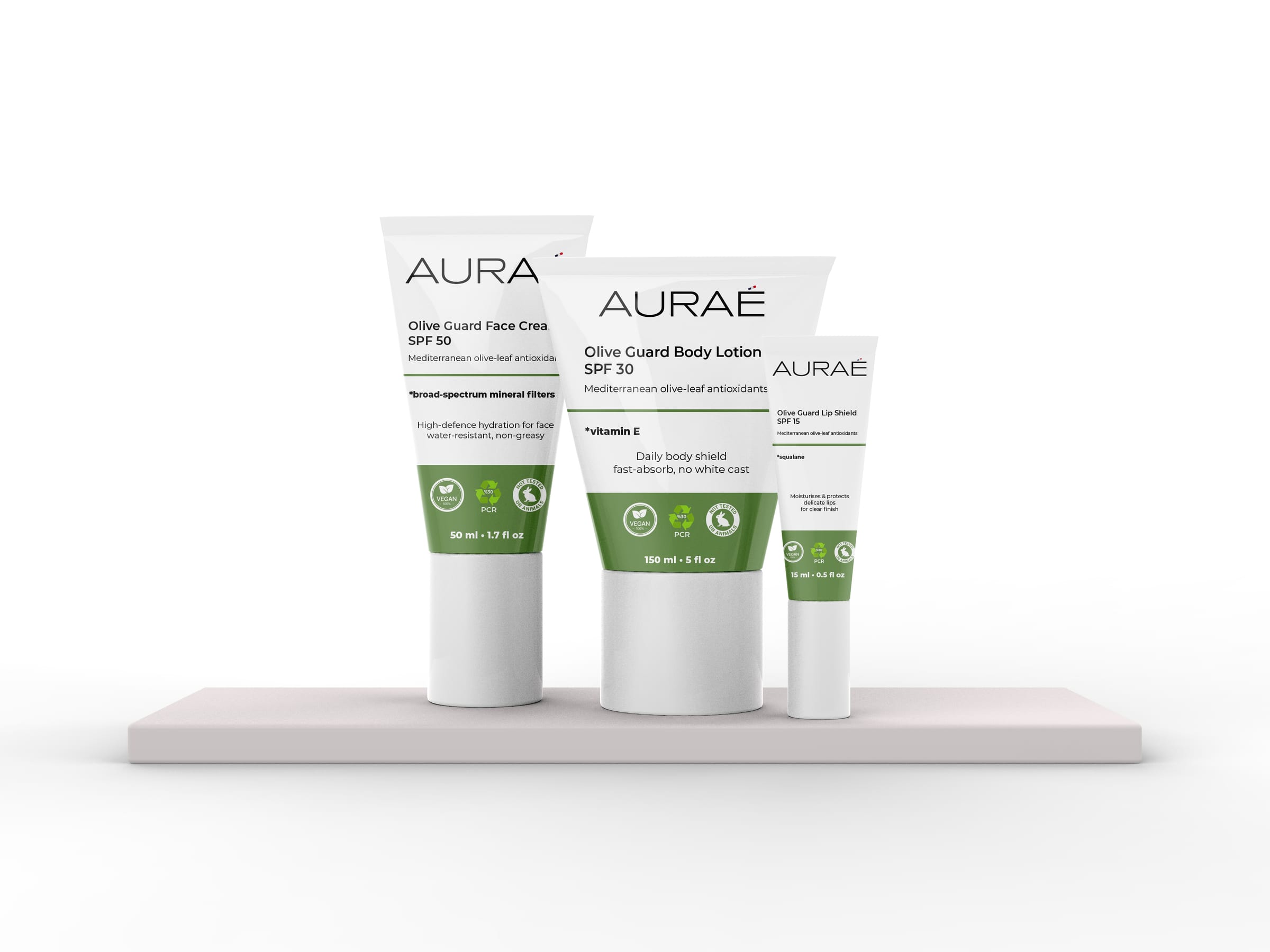 AURAÉ Olive Guard sun-care family with face cream, body lotion and lip shield packaging.