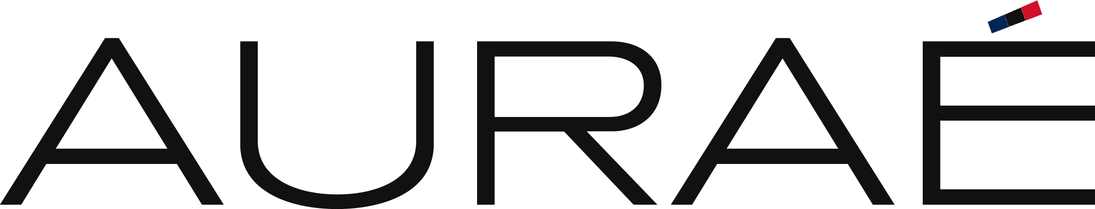 AURAÉ wordmark in white with a small red, white and blue accent mark above the final letter.