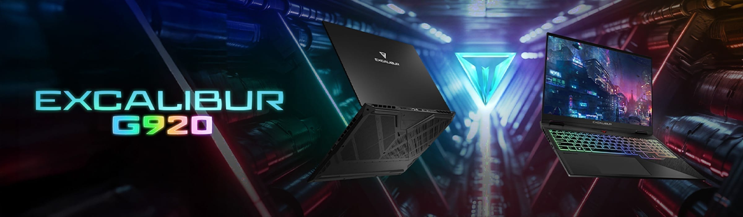 Excalibur gaming key visual with bold product photography.