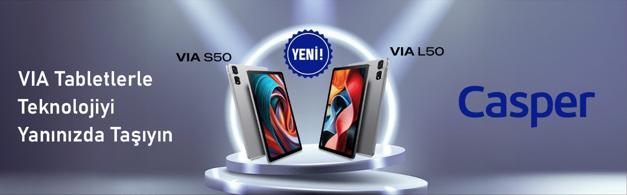 VIA L50 and S50 tablets combined retail banner.