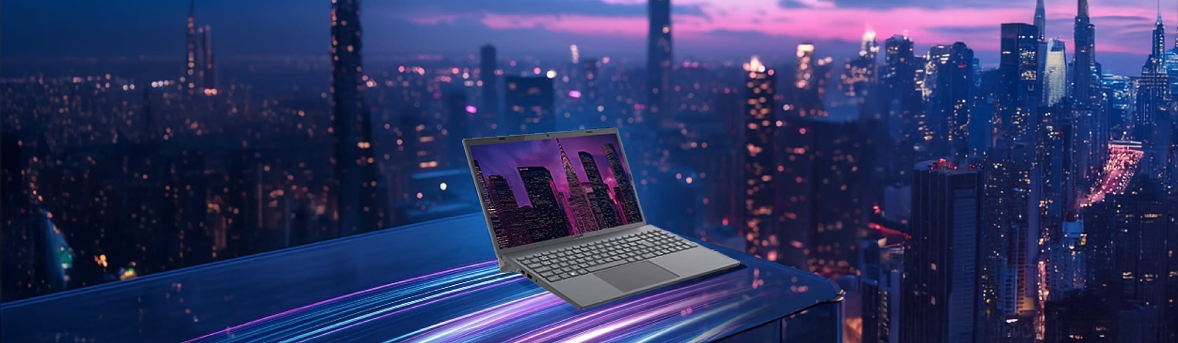 Atmospheric blog cover featuring a laptop against a neon cityscape at night.