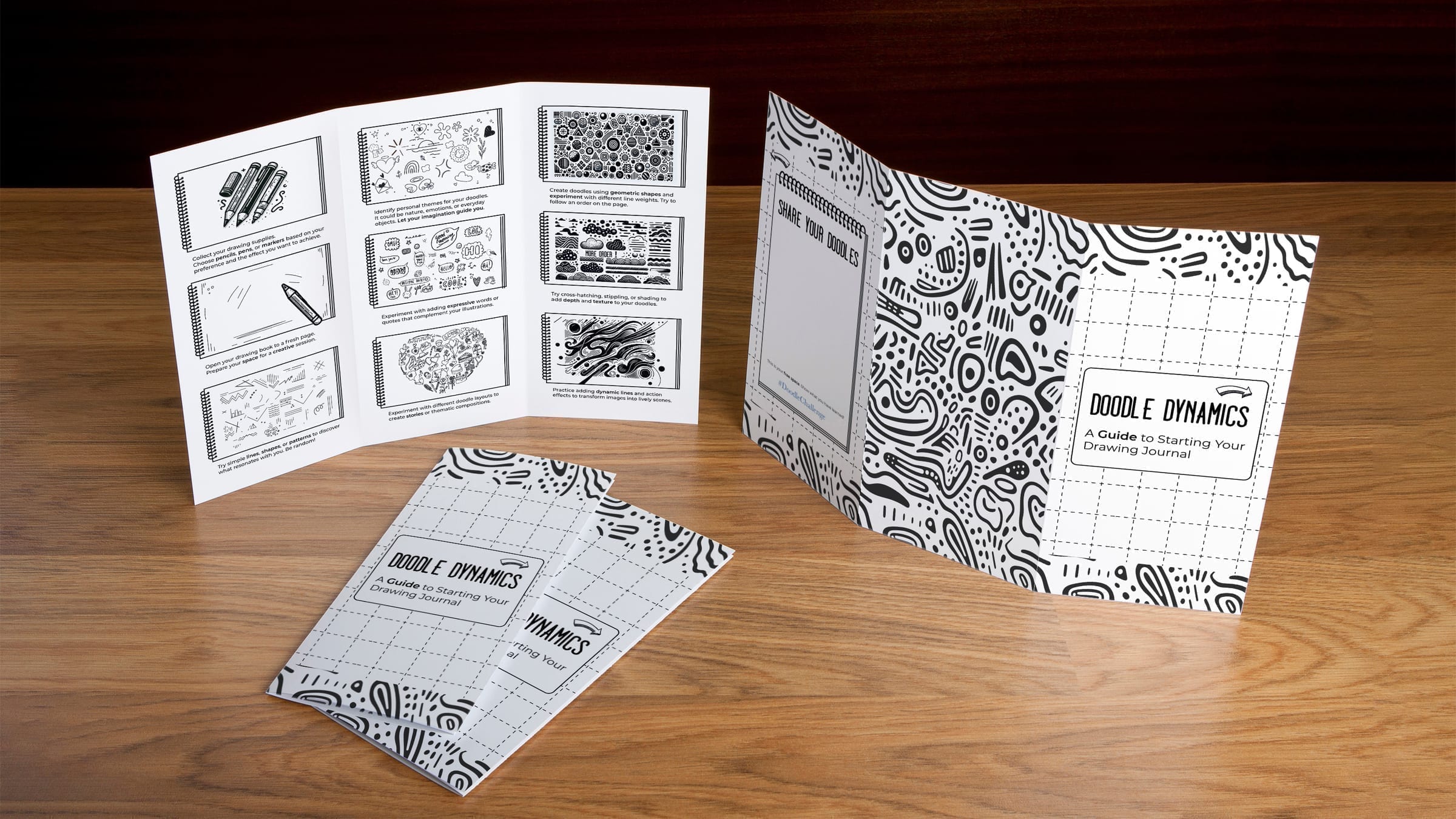 Brochure standing upright on a wooden desk.