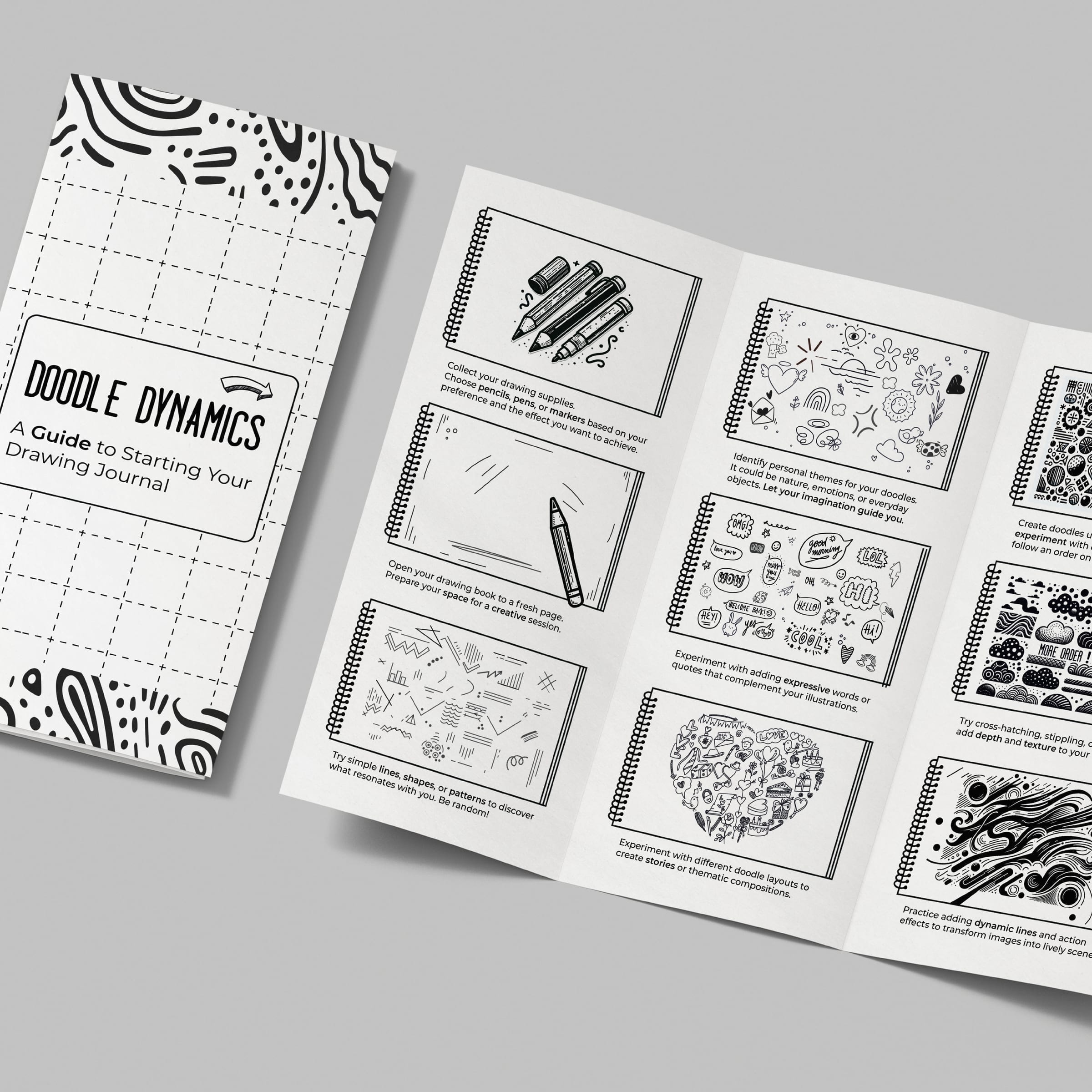 Interior spread showing six illustrated exercise panels in a grid.