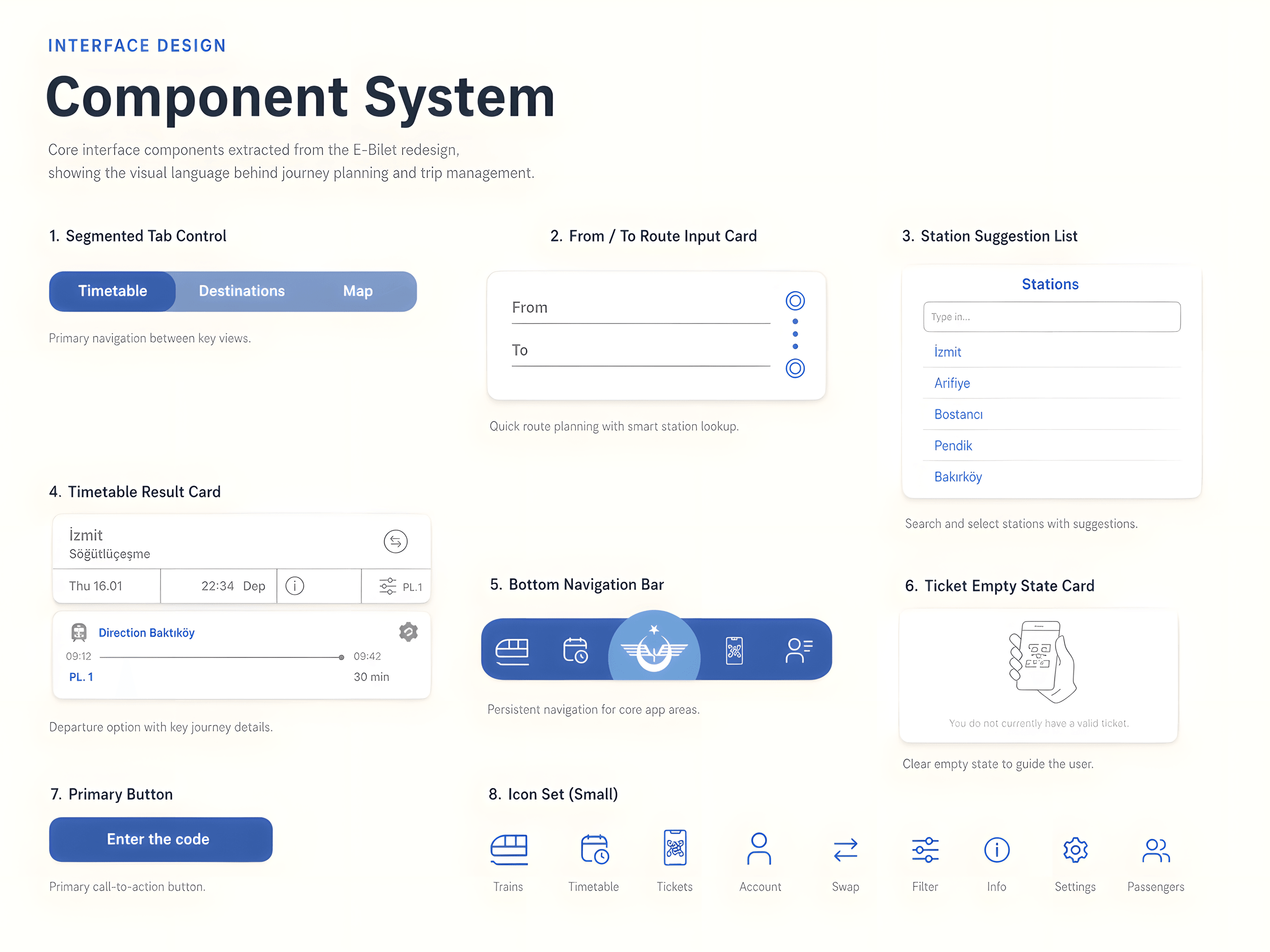 Component system board with segmented controls, route inputs, station lists, result cards, bottom navigation, empty states, buttons and icons.