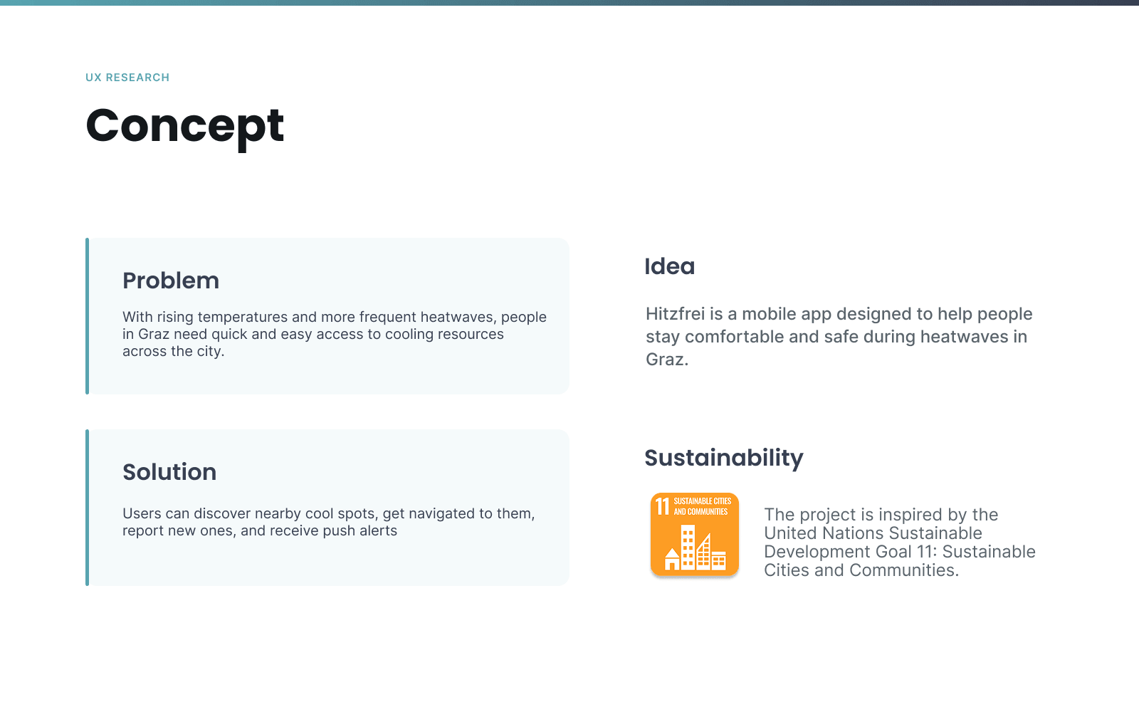 Hitzfrei concept slide stating the problem (people in Graz need quick access to cooling resources during heatwaves), the solution (discover cool spots, get navigated, report new ones, receive alerts) and its inspiration from UN SDG 11.