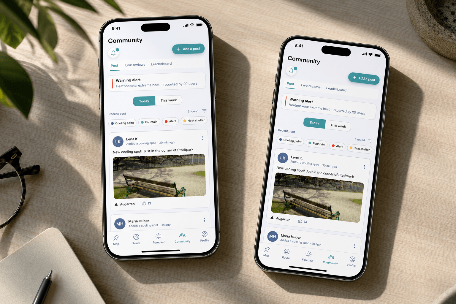Two phone mockups of the Community feed showing a crowd-reported extreme-heat warning and a new cooling-spot post with a photo from Augarten.