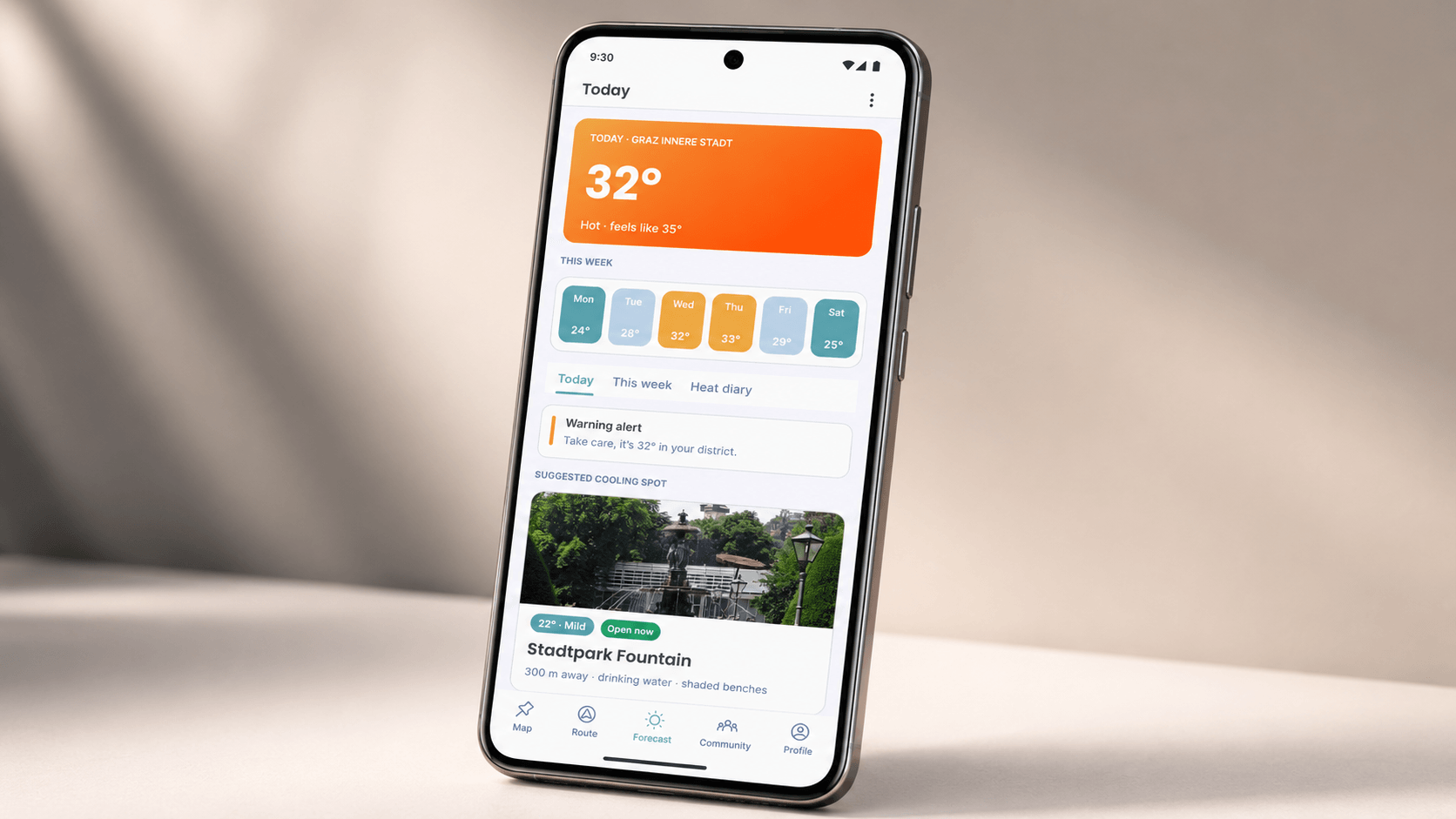 Phone mockup of the Forecast screen showing 32 degrees today in Graz Innere Stadt, a colour-coded seven-day strip, a heat warning alert and a suggested cooling spot at Stadtpark Fountain.